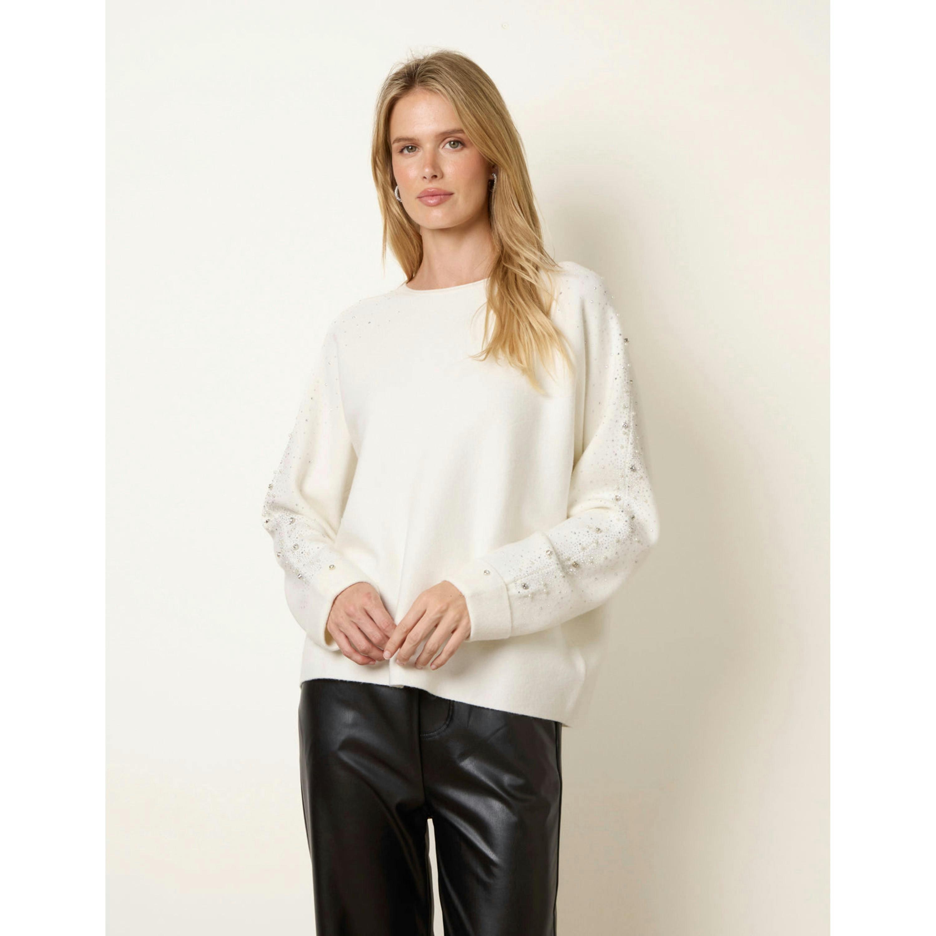 Blue Vanilla Diamante Sleeve Round Neck Knit Jumper  in Ivory , view 1 of 4