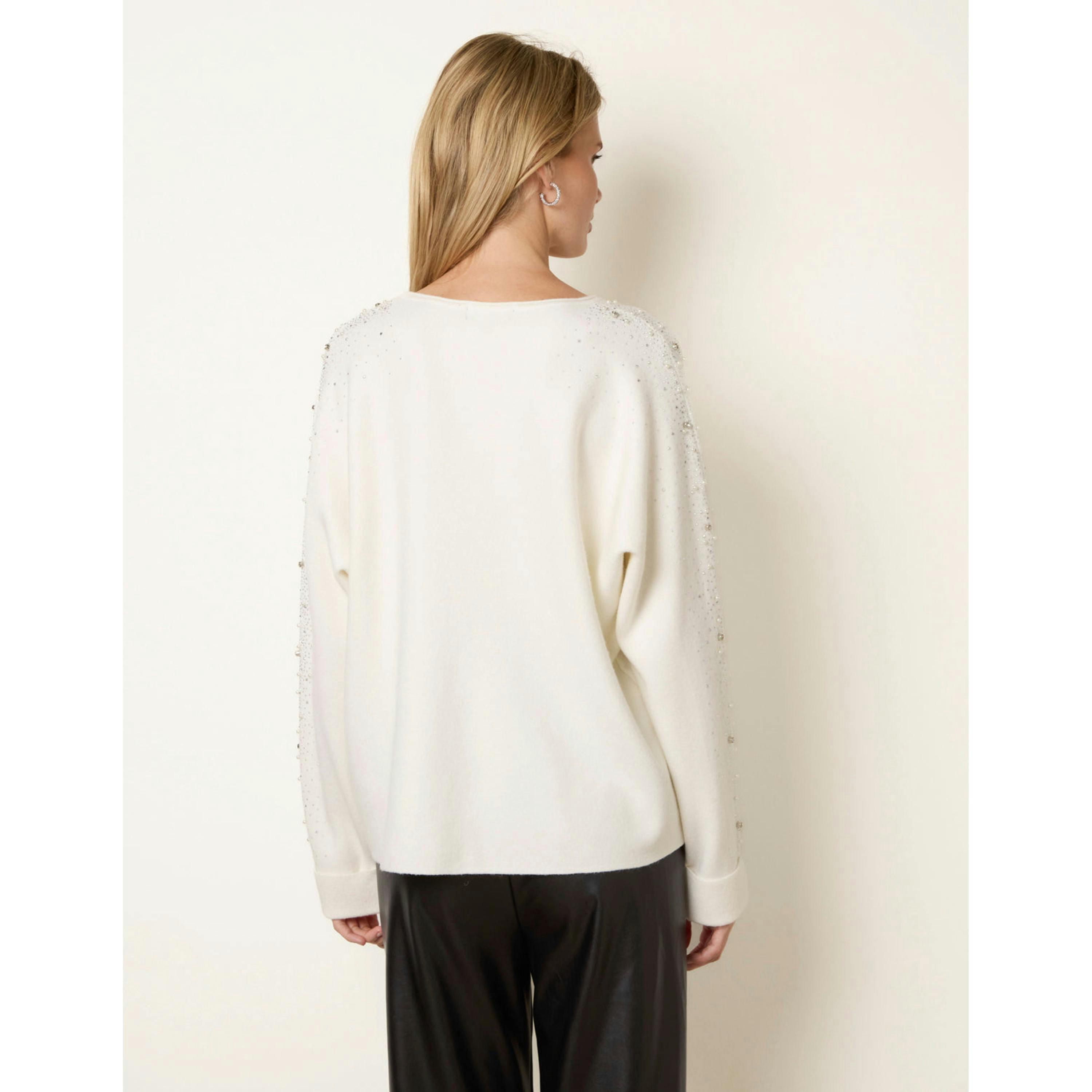 Blue Vanilla Diamante Sleeve Round Neck Knit Jumper  in Ivory , view 2 of 4
