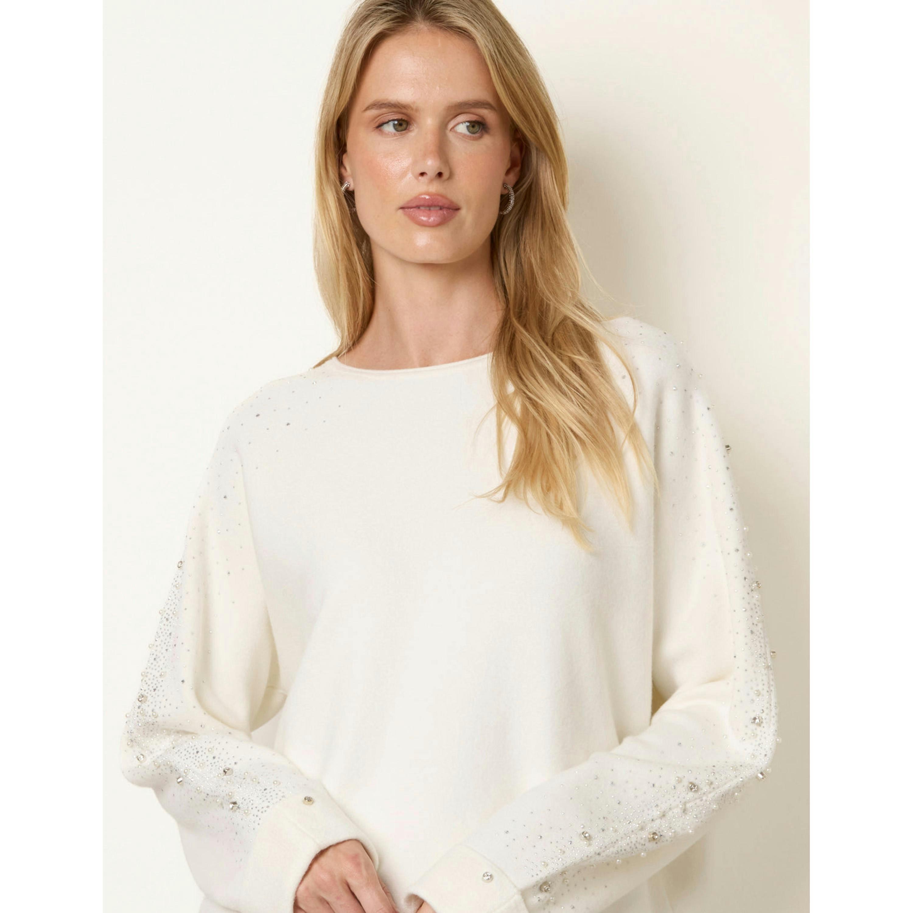 Blue Vanilla Diamante Sleeve Round Neck Knit Jumper  in Ivory , view 3 of 4