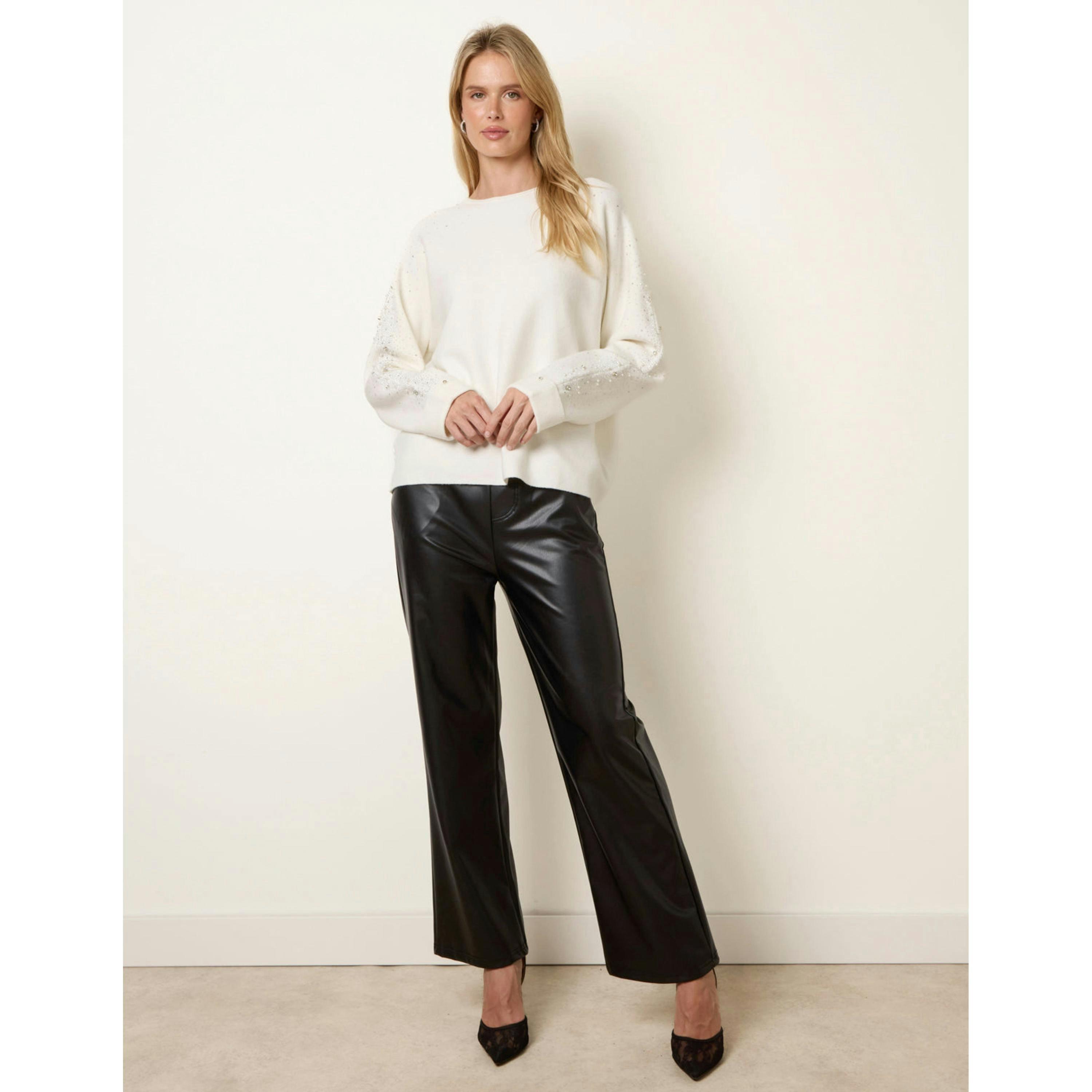 Blue Vanilla Diamante Sleeve Round Neck Knit Jumper  in Ivory , view 4 of 4