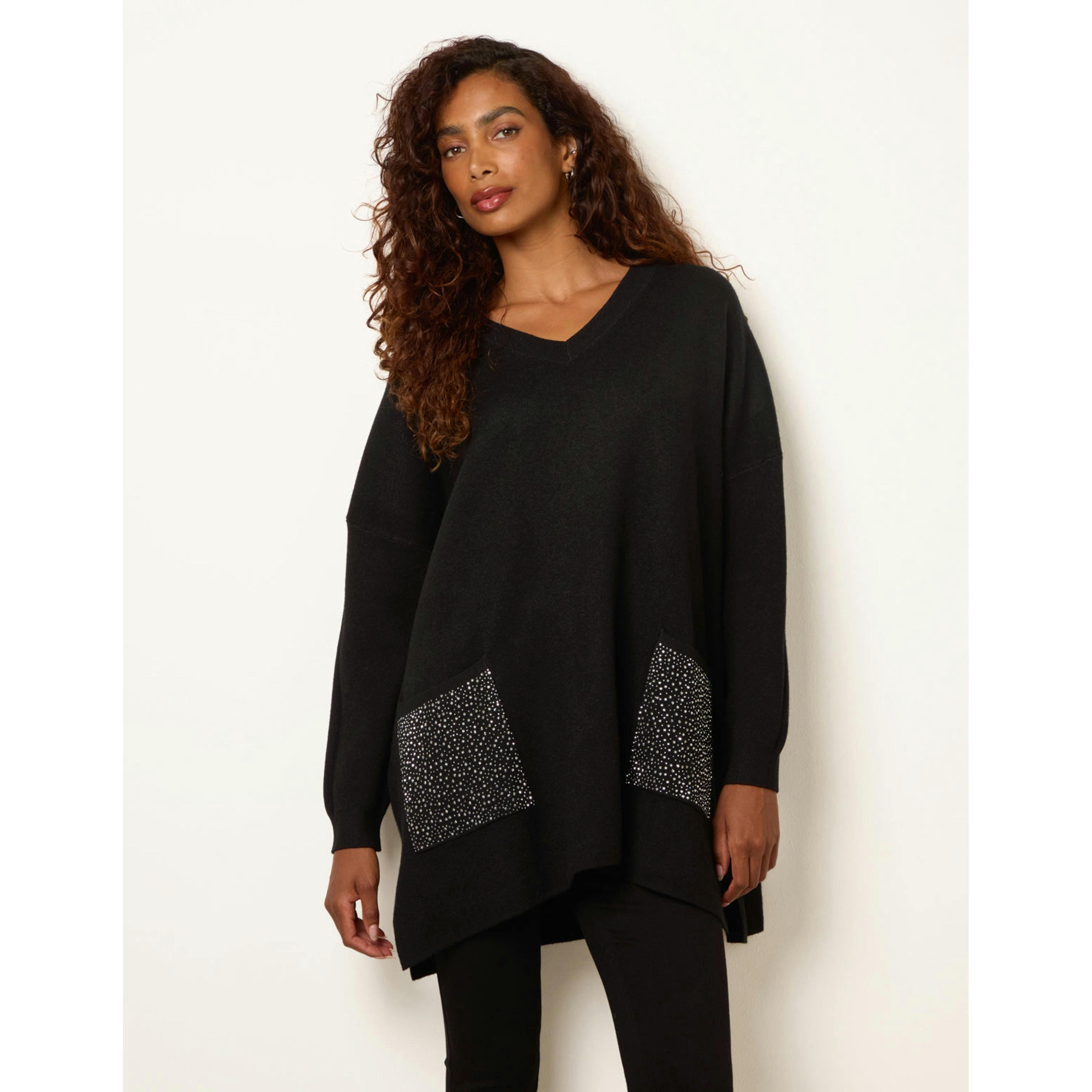 Blue Vanilla Diamante Pocket Knit Jumper  in Black , view 1 of 4