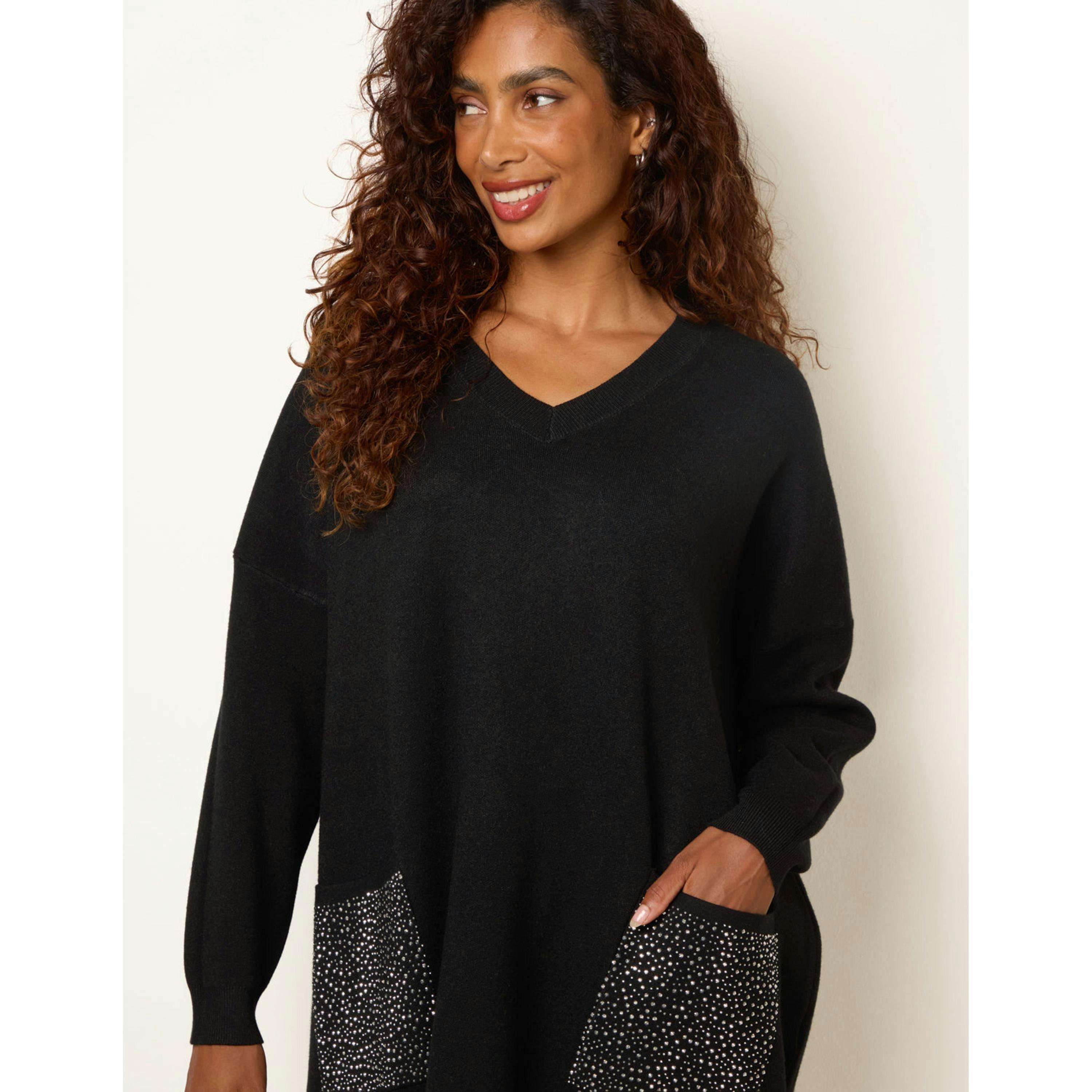 Blue Vanilla Diamante Pocket Knit Jumper  in Black , view 2 of 4