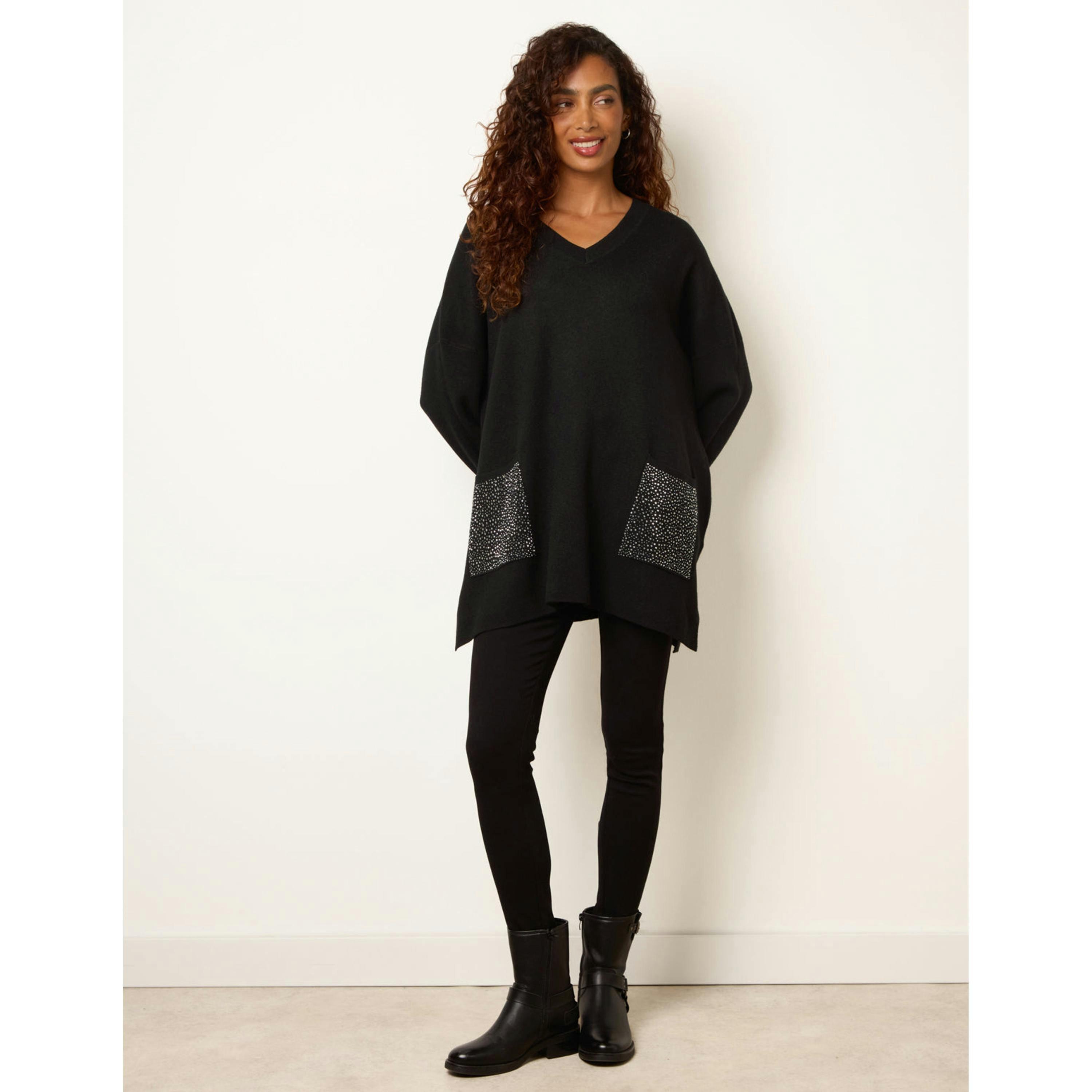 Blue Vanilla Diamante Pocket Knit Jumper  in Black , view 3 of 4