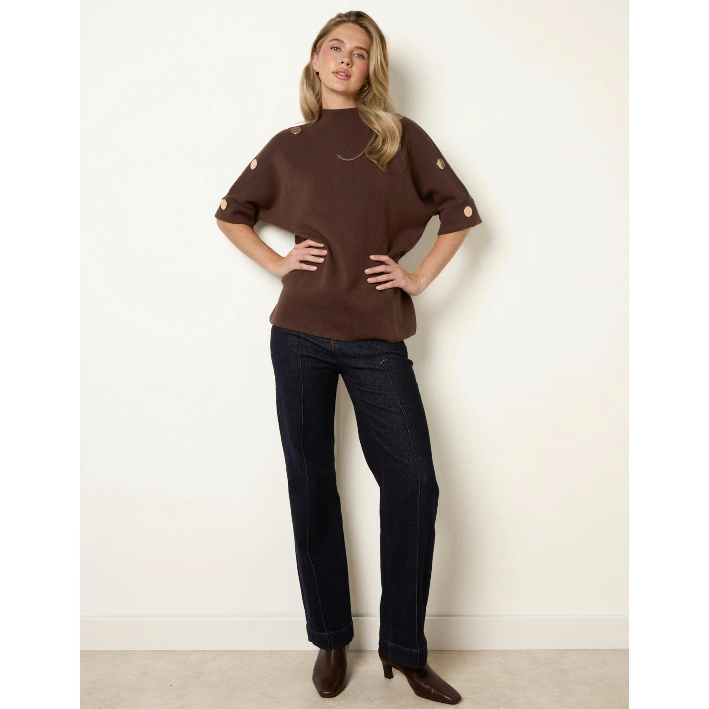 Blue Vanilla Short Sleeve Button Detail Jumper  in Brown , view 1 of 4