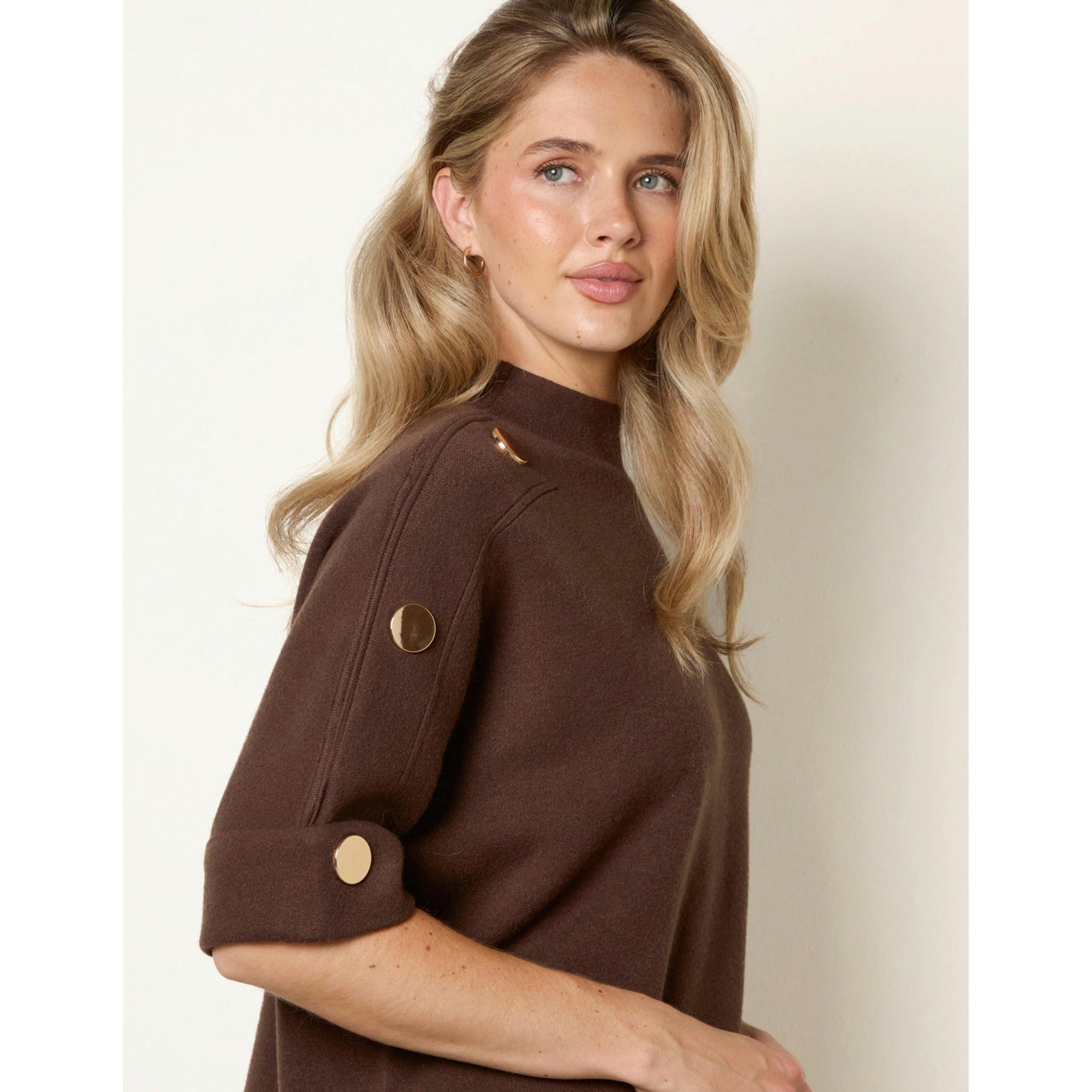 Blue Vanilla Short Sleeve Button Detail Jumper  in Brown , view 3 of 4