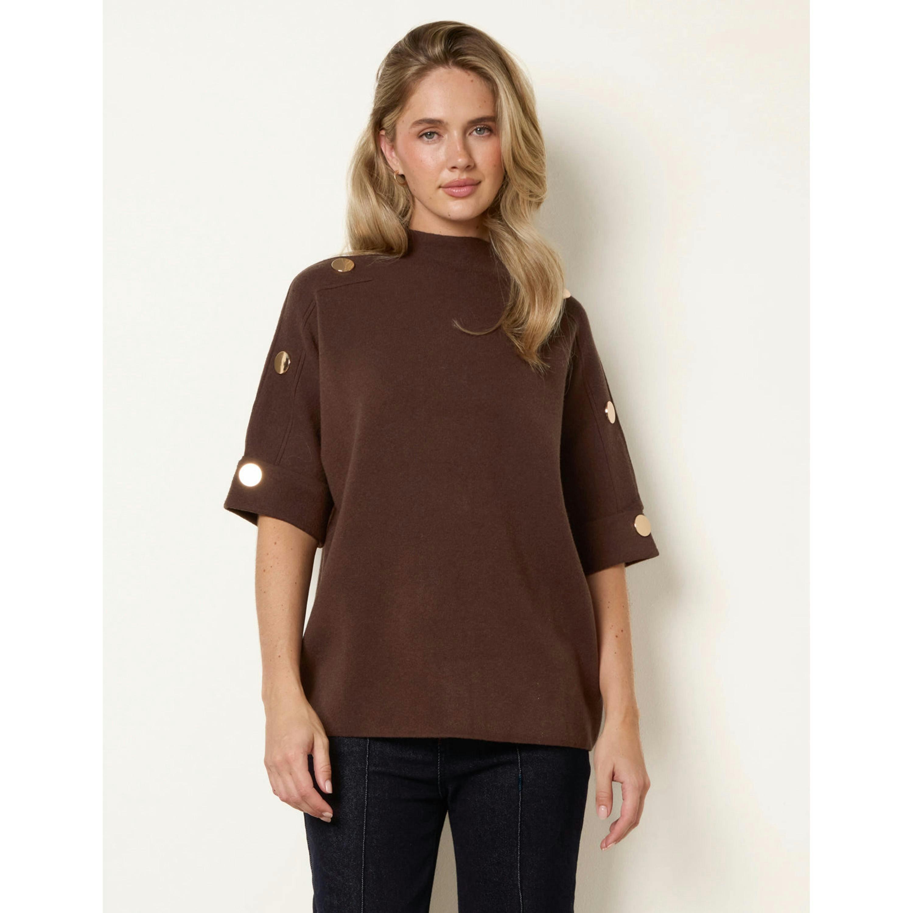 Blue Vanilla Short Sleeve Button Detail Jumper  in Brown , view 4 of 4