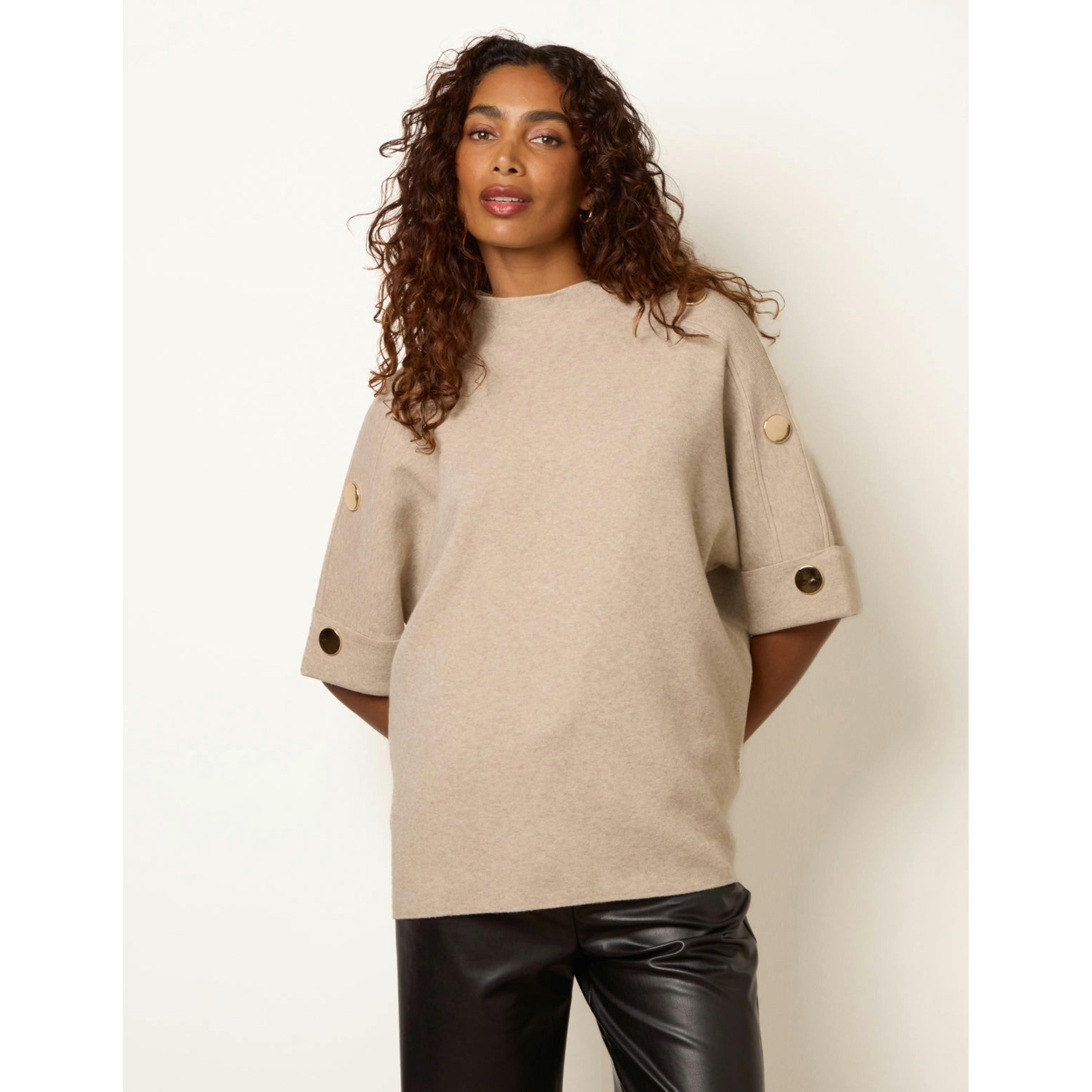 Blue Vanilla Short Sleeve Button Detail Jumper  in Beige , view 1 of 4