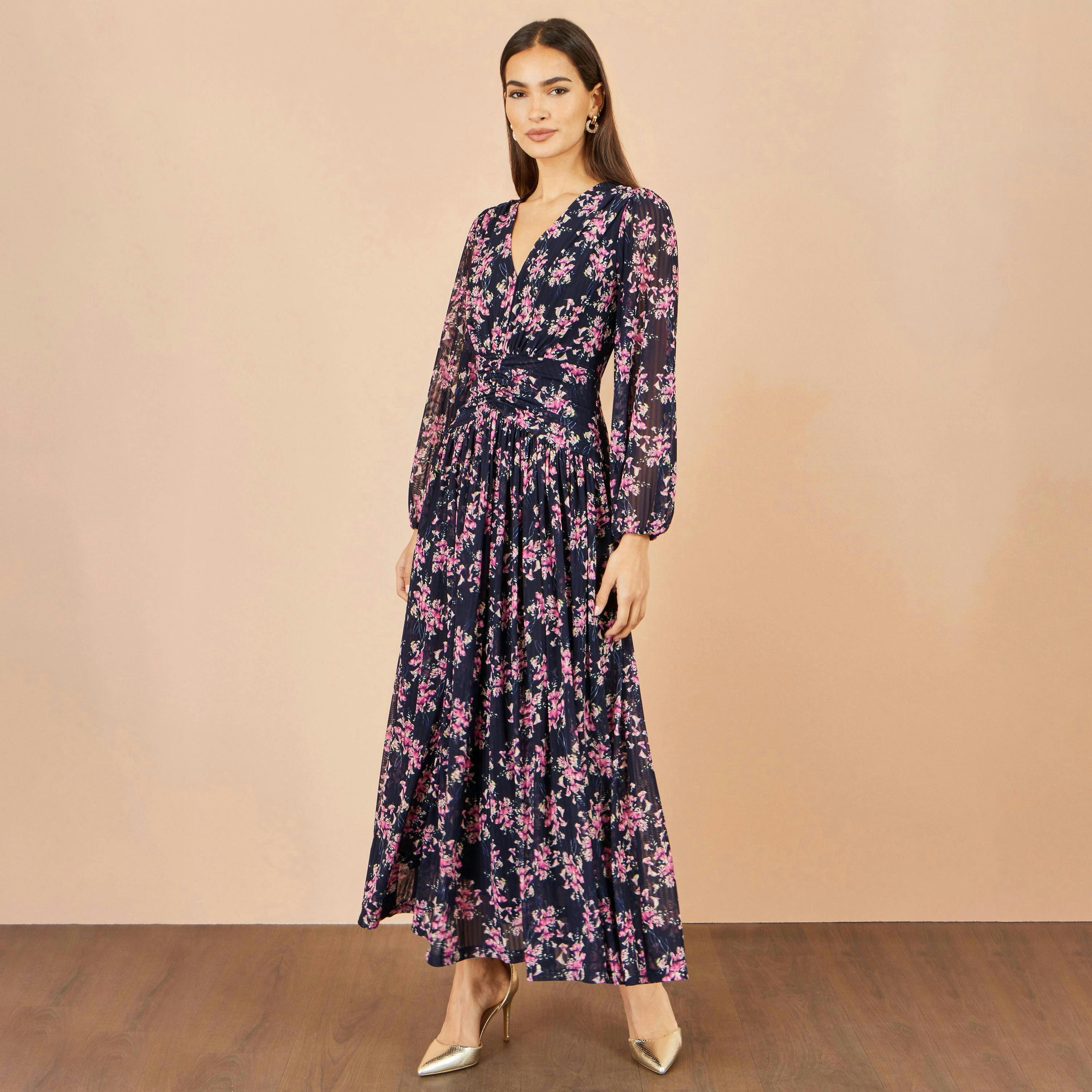 Yumi Navy Floral Mesh Ruched Waist Maxi Dress , view 2 of 5