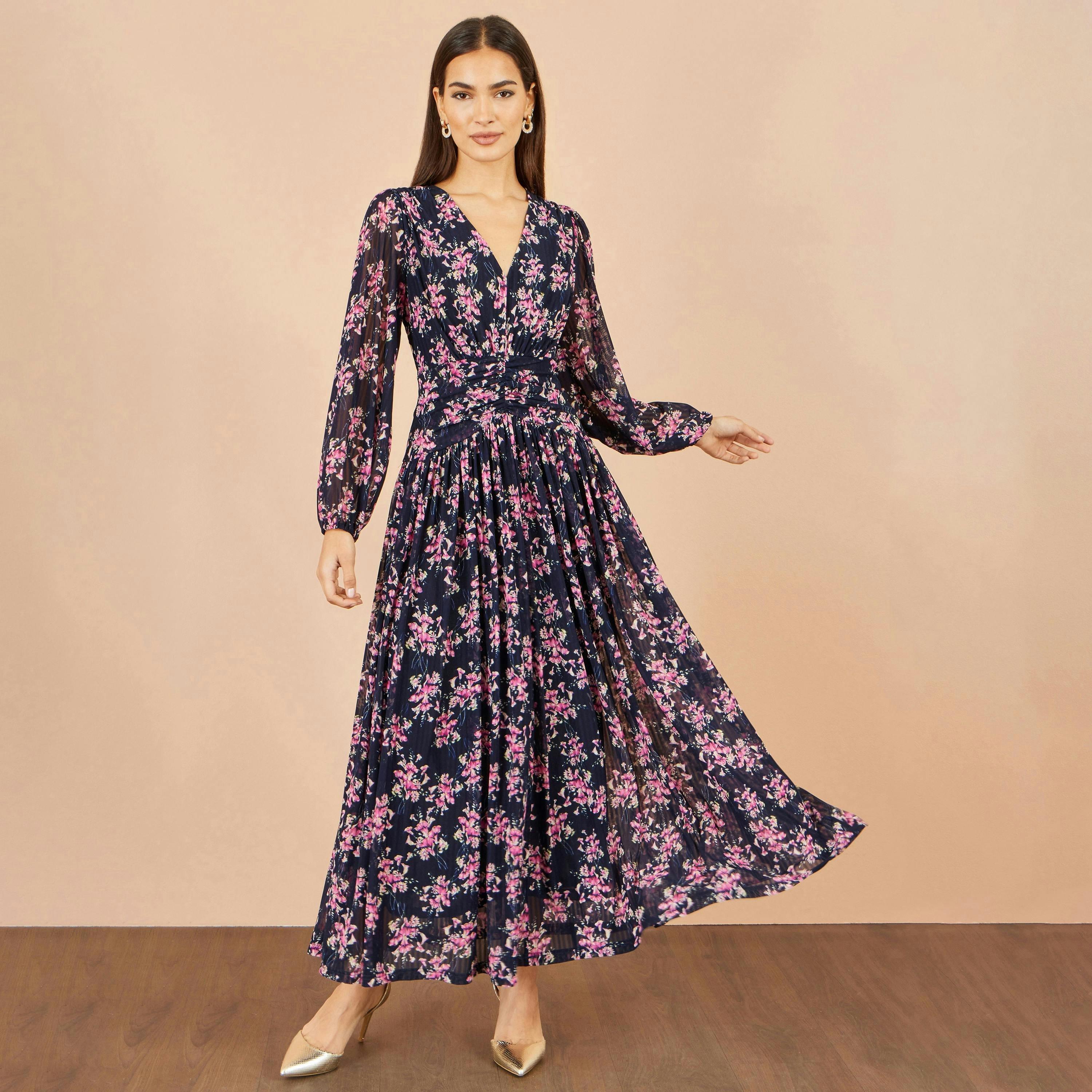 Yumi Navy Floral Mesh Ruched Waist Maxi Dress , view 3 of 5