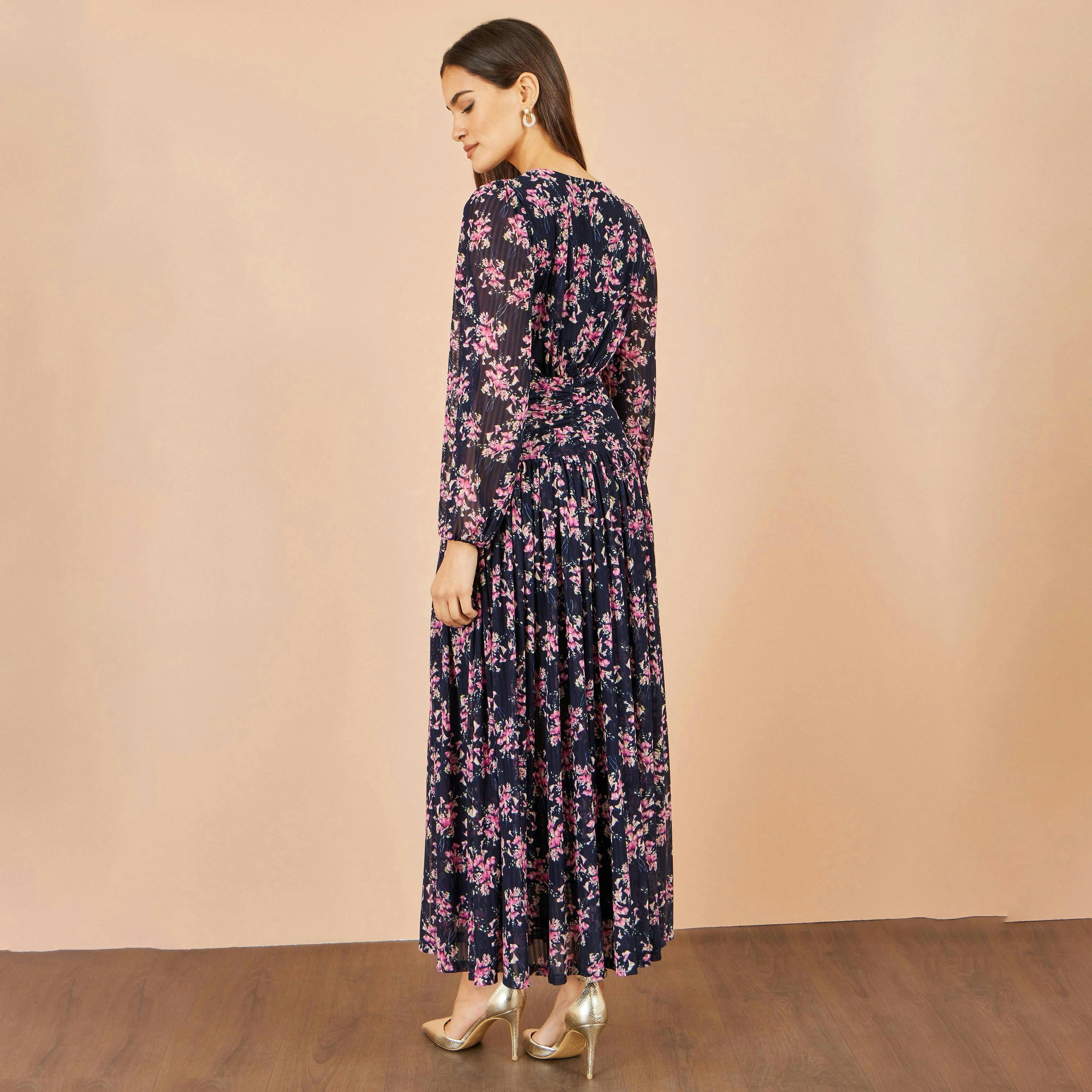 Yumi Navy Floral Mesh Ruched Waist Maxi Dress , view 4 of 5