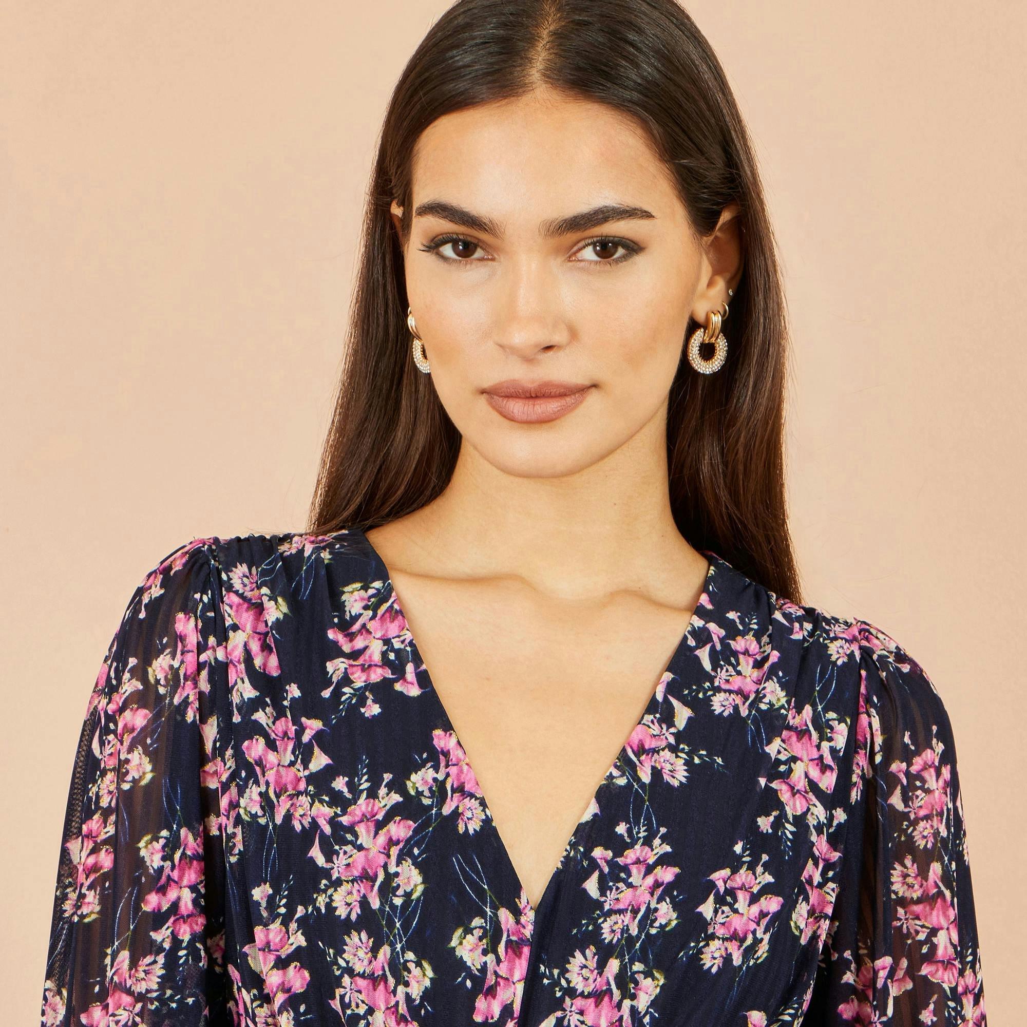 Yumi Navy Floral Mesh Ruched Waist Maxi Dress , view 5 of 5