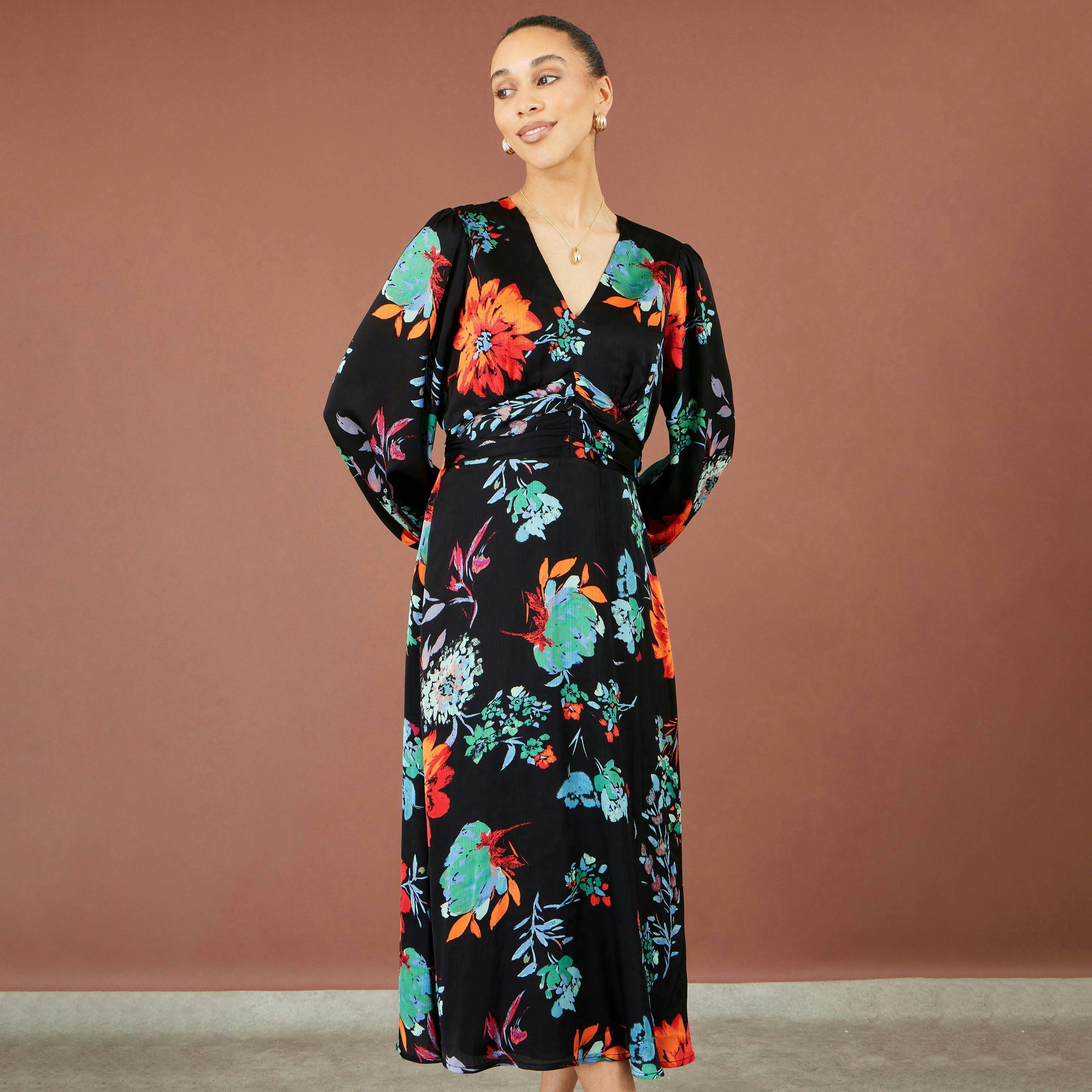 Yumi Black Floral Midi Dress With Long Sleeves , view 2 of 5