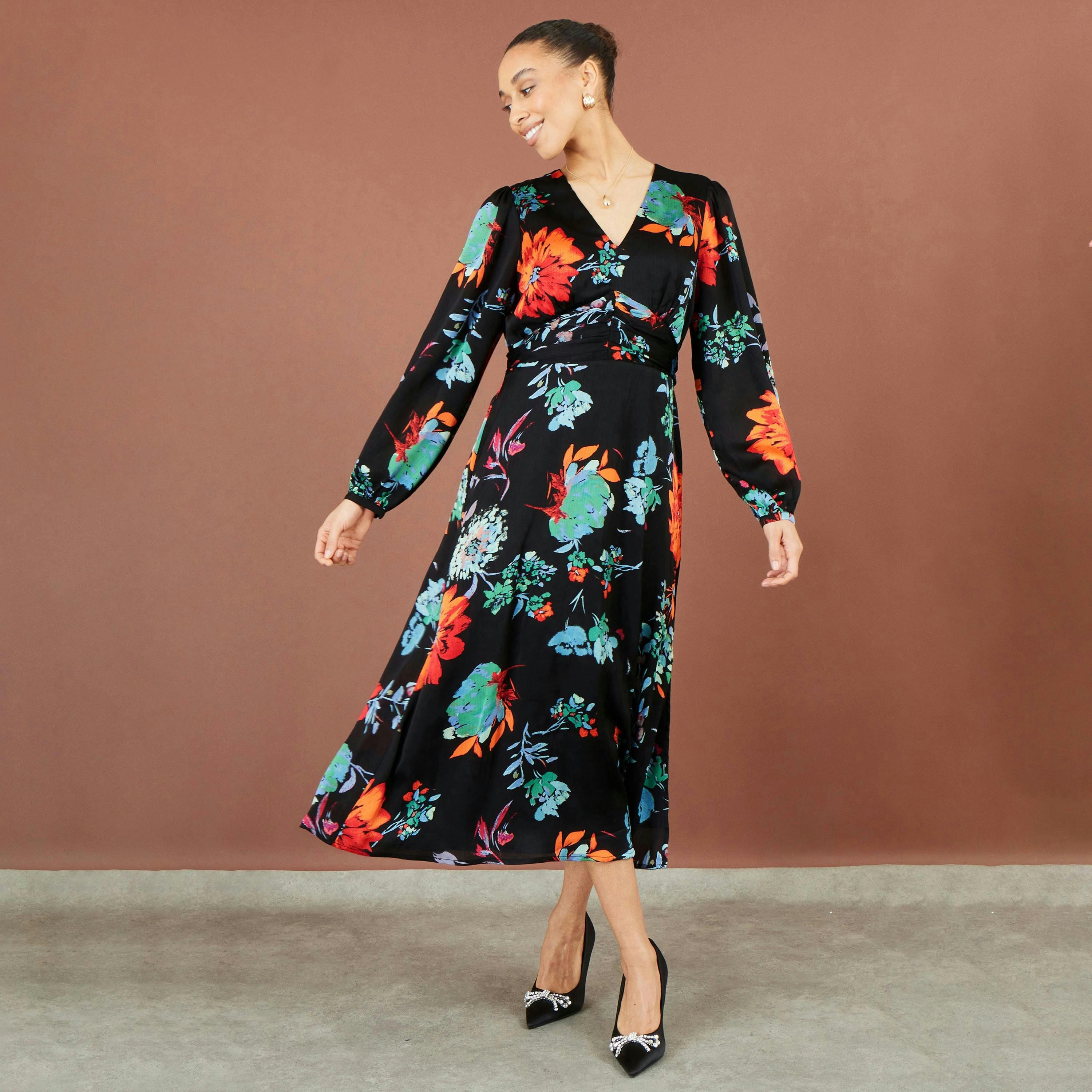Yumi Black Floral Midi Dress With Long Sleeves , view 3 of 5