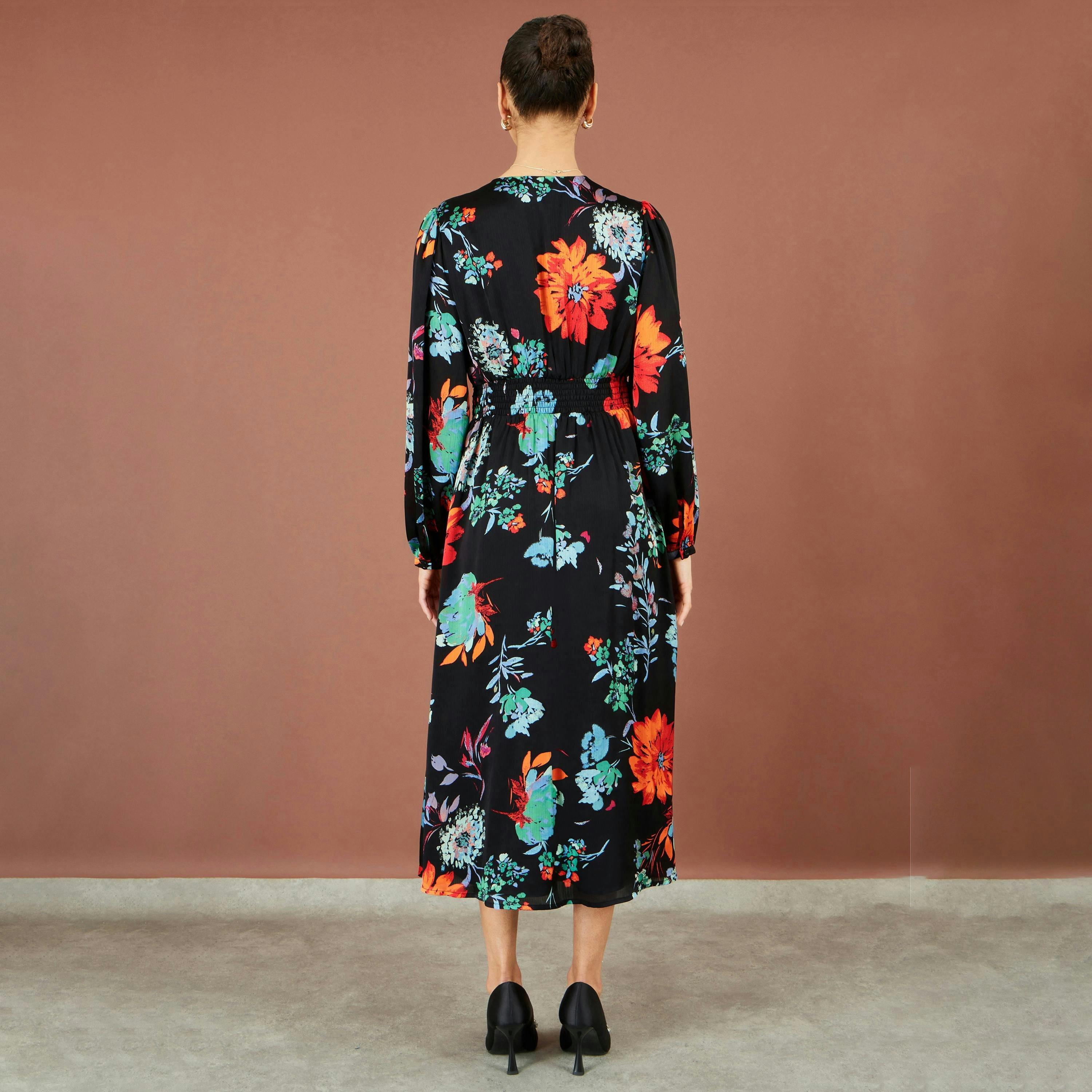 Yumi Black Floral Midi Dress With Long Sleeves , view 4 of 5