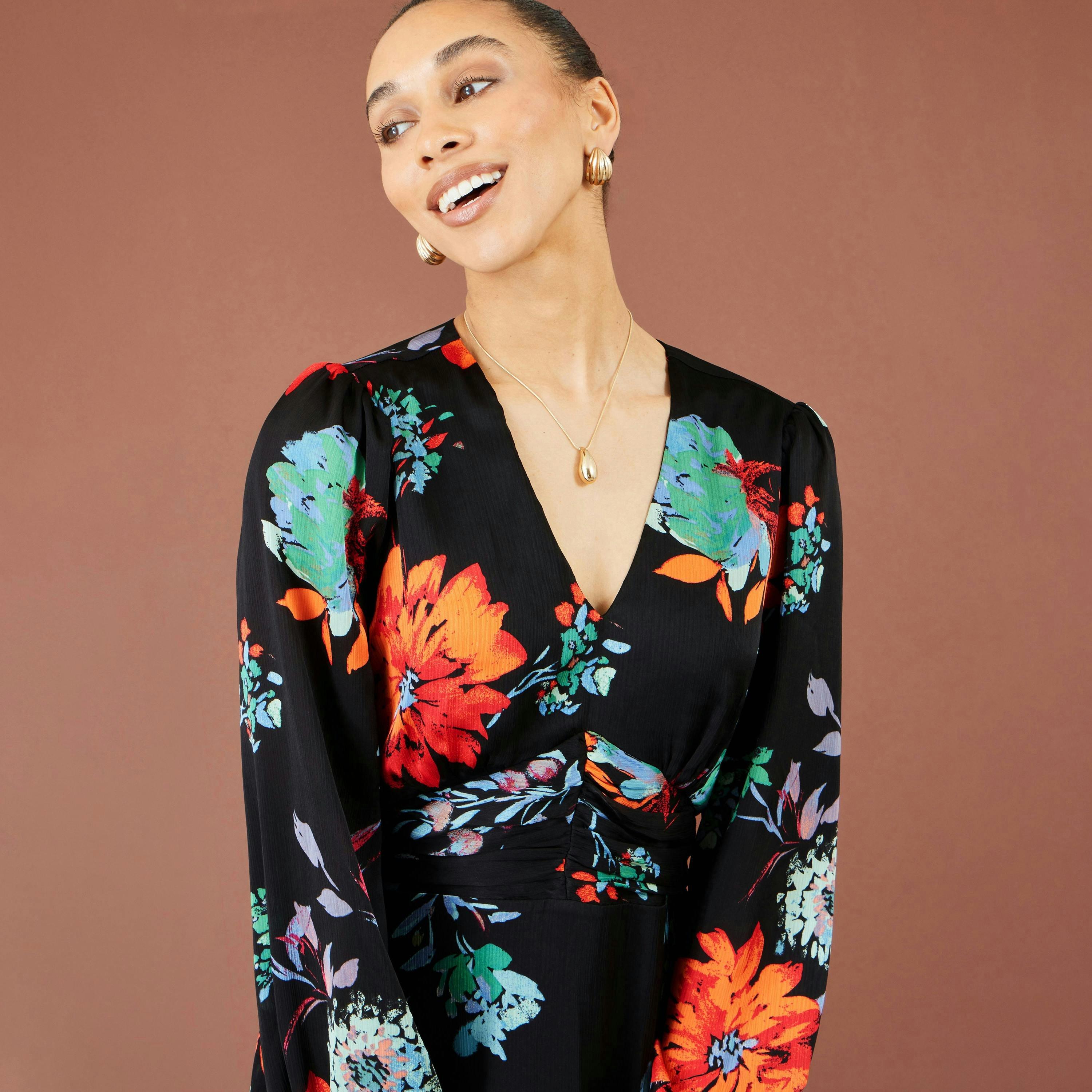 Yumi Black Floral Midi Dress With Long Sleeves , view 5 of 5