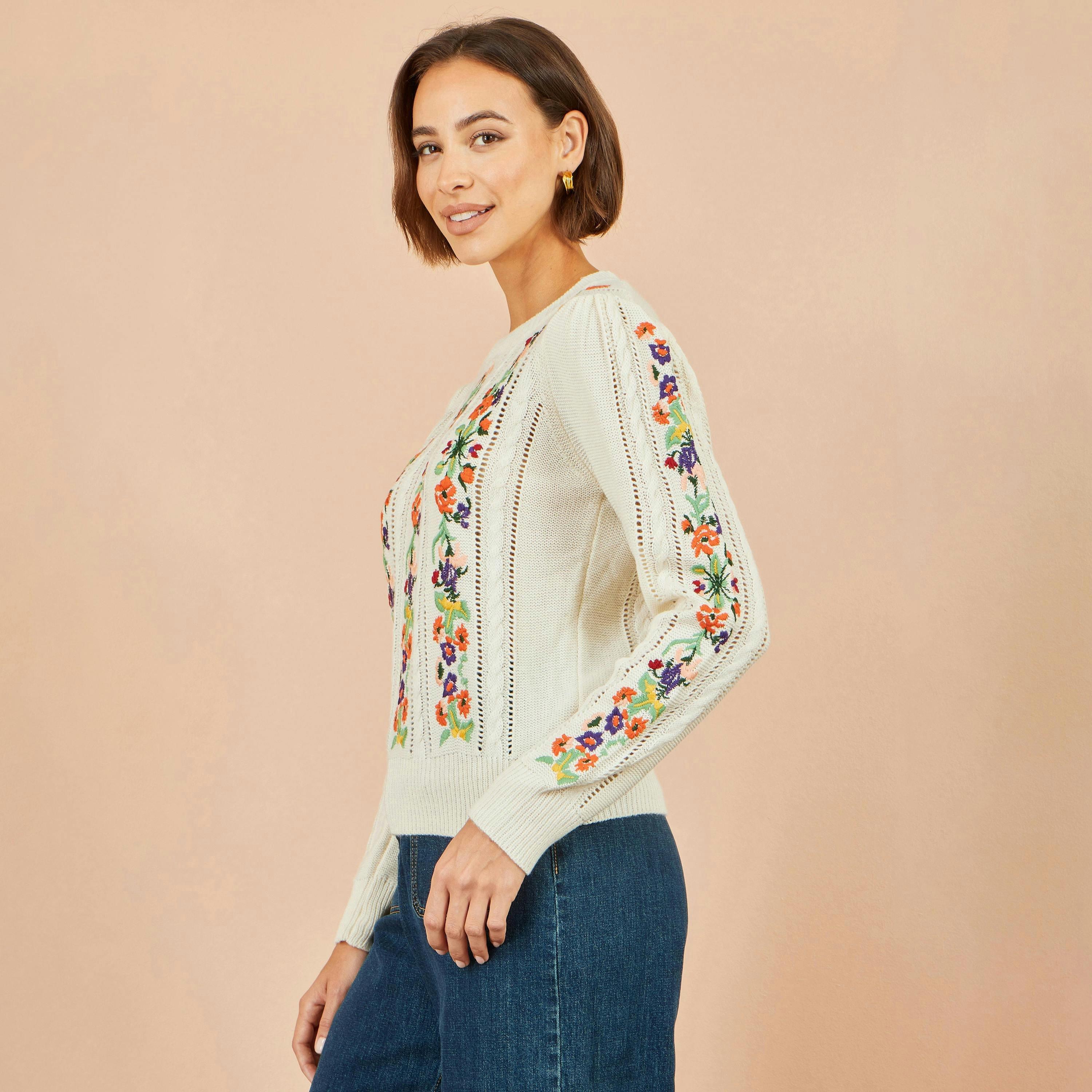 Yumi Ivory Floral Embroidery Cable Jumper , view 2 of 6