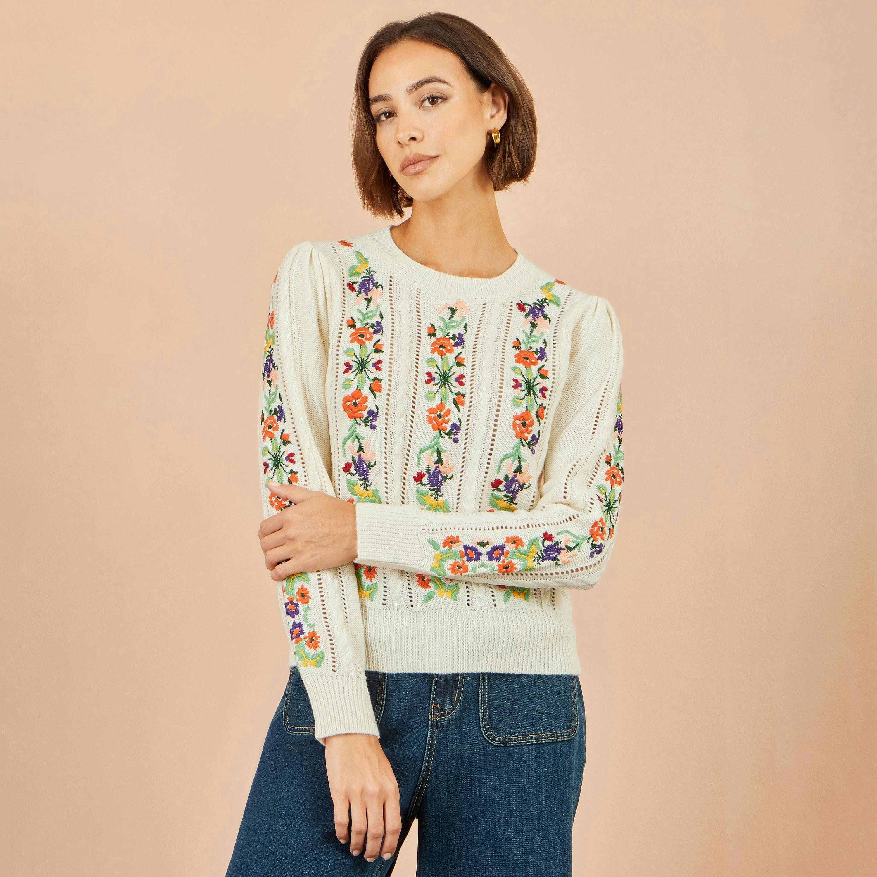 Yumi Ivory Floral Embroidery Cable Jumper , view 3 of 6