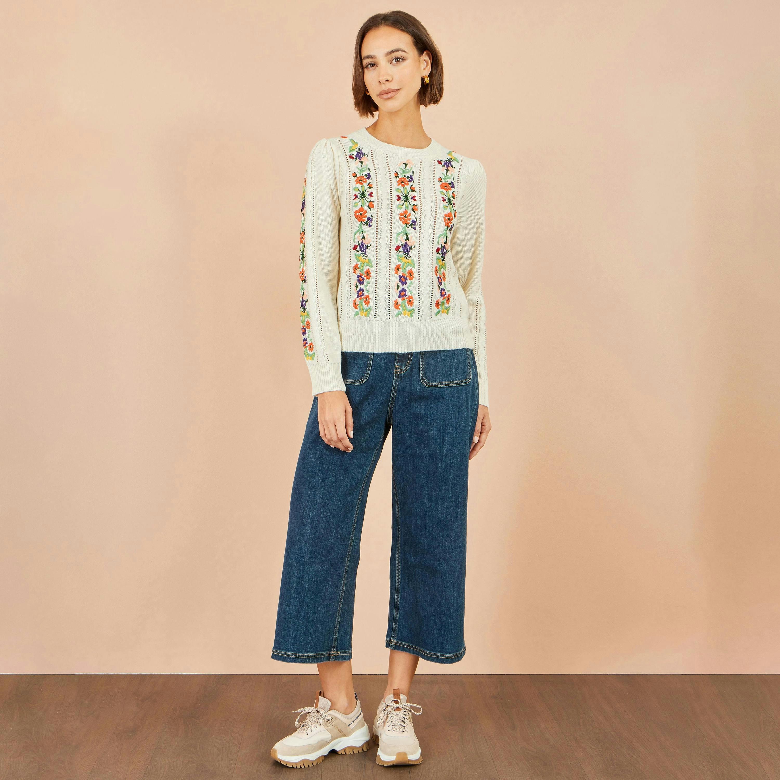 Yumi Ivory Floral Embroidery Cable Jumper , view 4 of 6