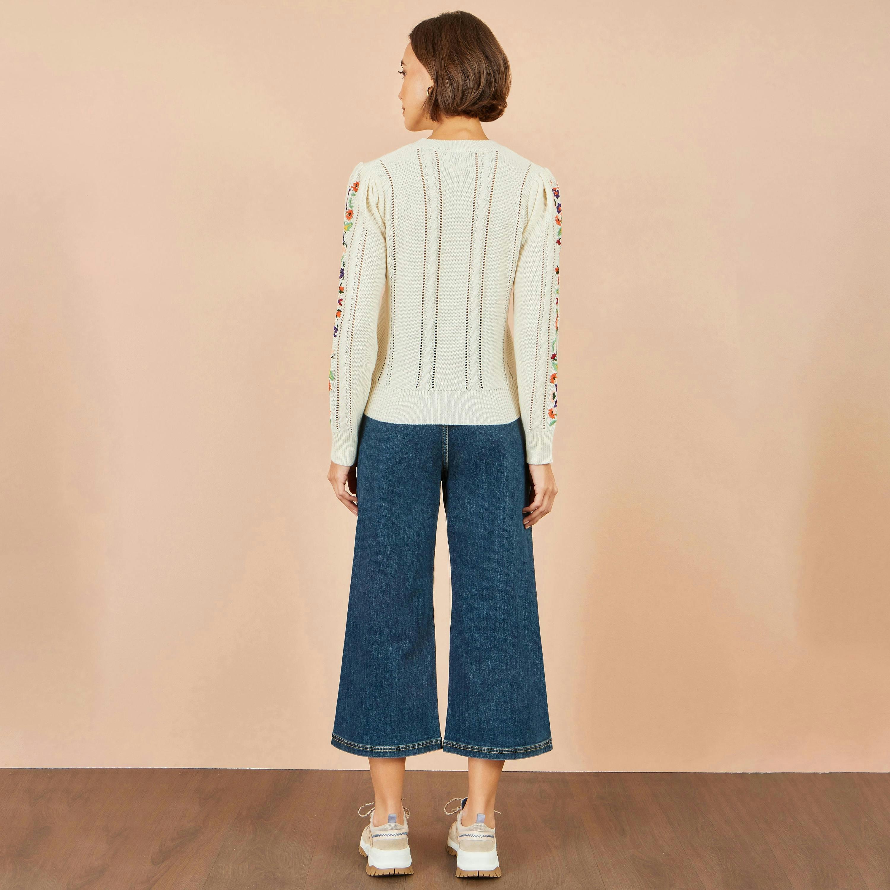 Yumi Ivory Floral Embroidery Cable Jumper , view 5 of 6