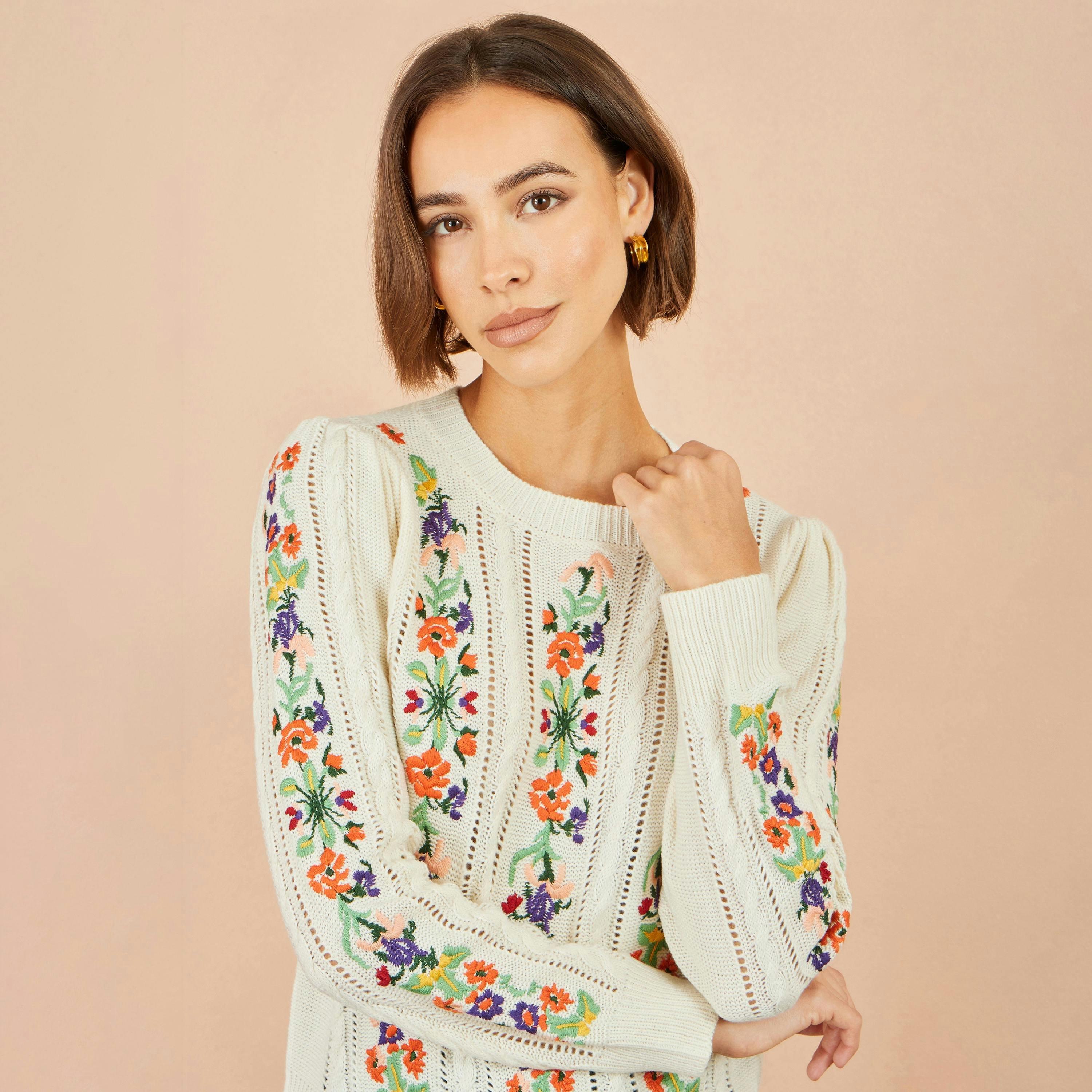 Yumi Ivory Floral Embroidery Cable Jumper , view 6 of 6