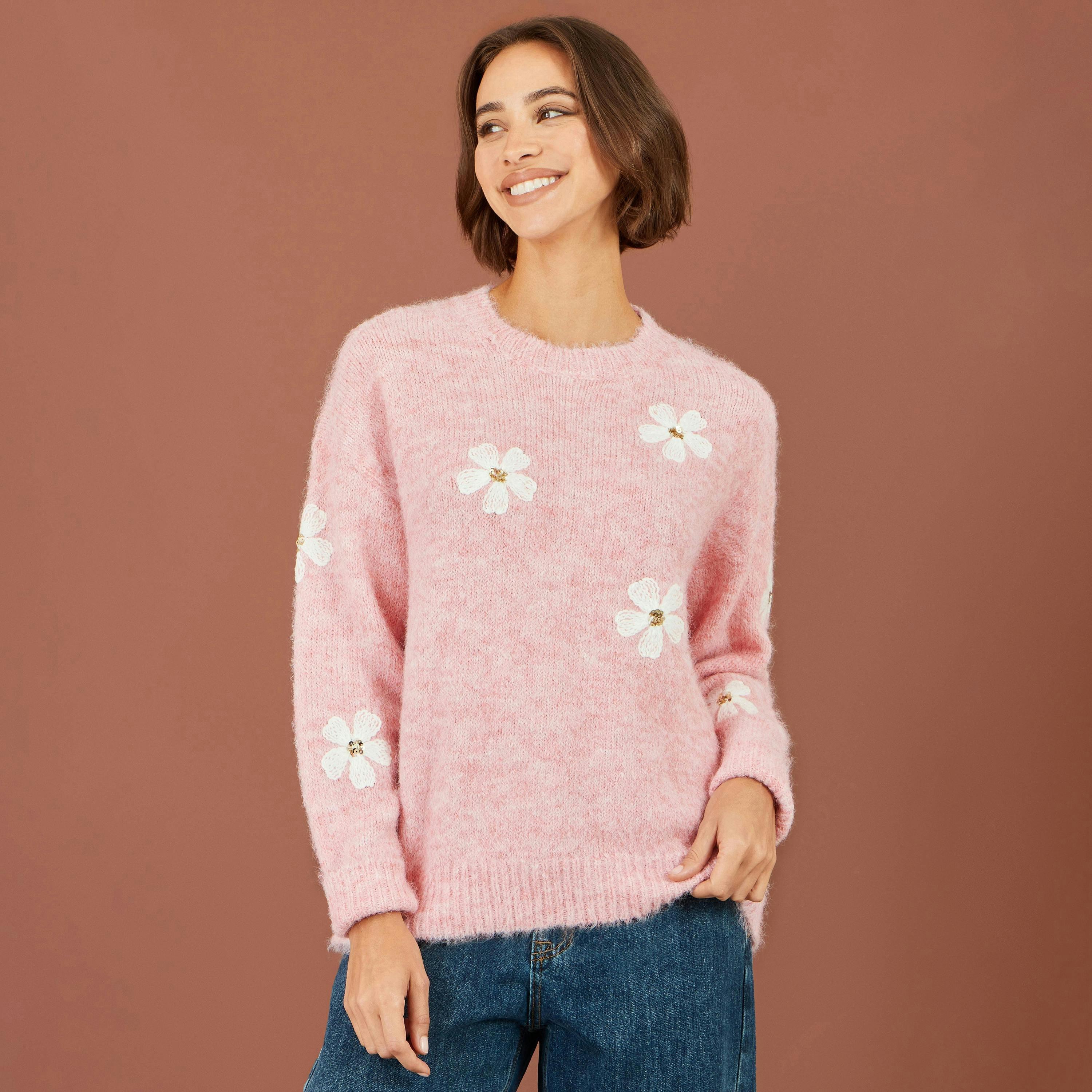 Yumi Pink Relaxed Jumper With Crochet Flowers , view 2 of 5