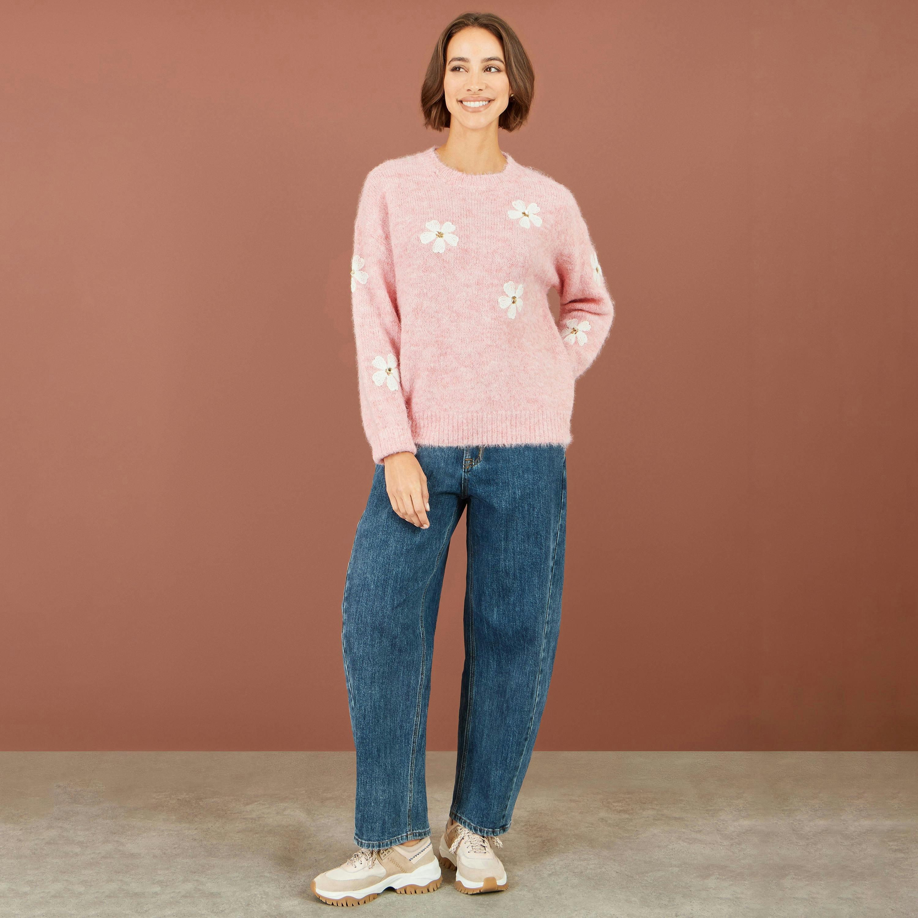 Yumi Pink Relaxed Jumper With Crochet Flowers , view 3 of 5