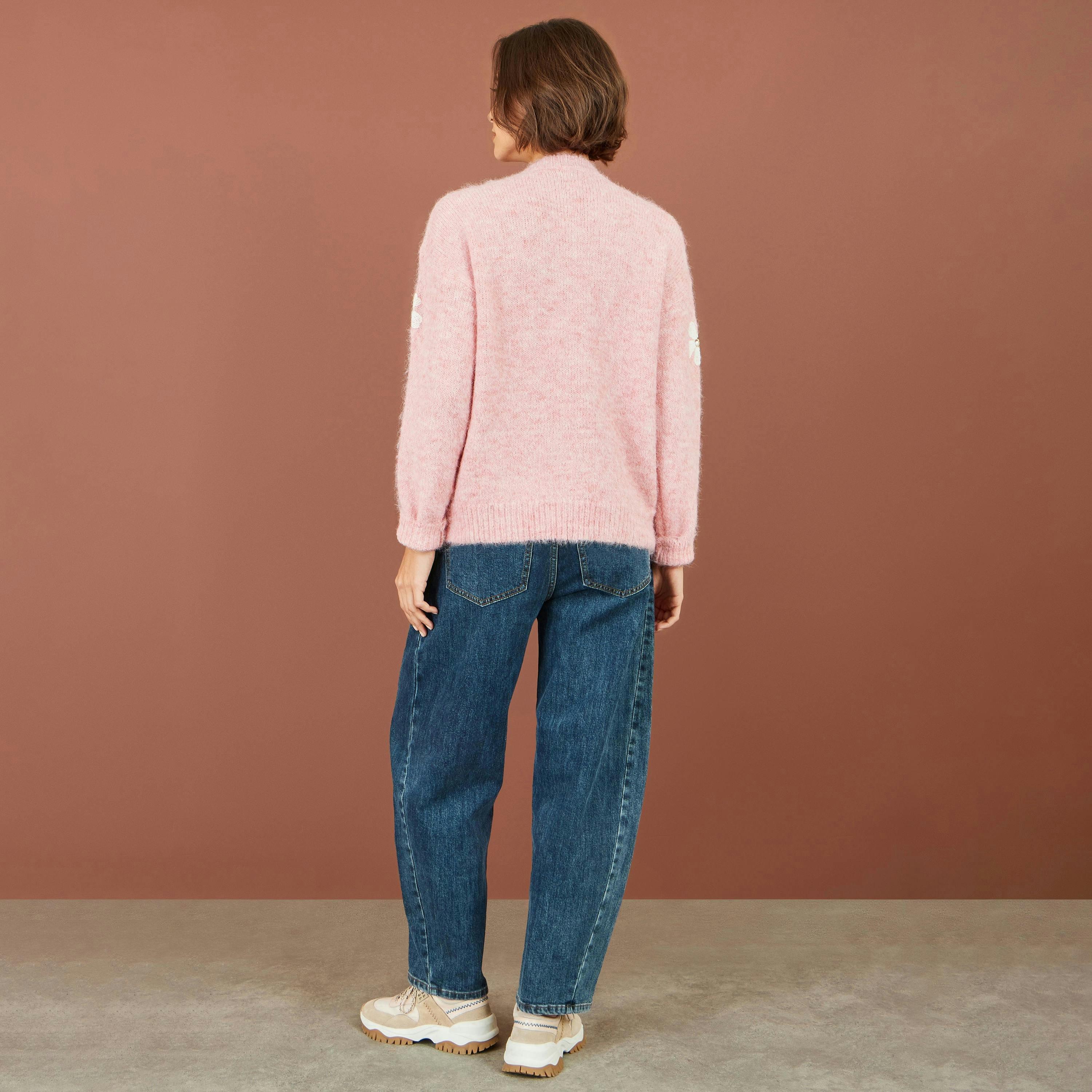 Yumi Pink Relaxed Jumper With Crochet Flowers , view 4 of 5