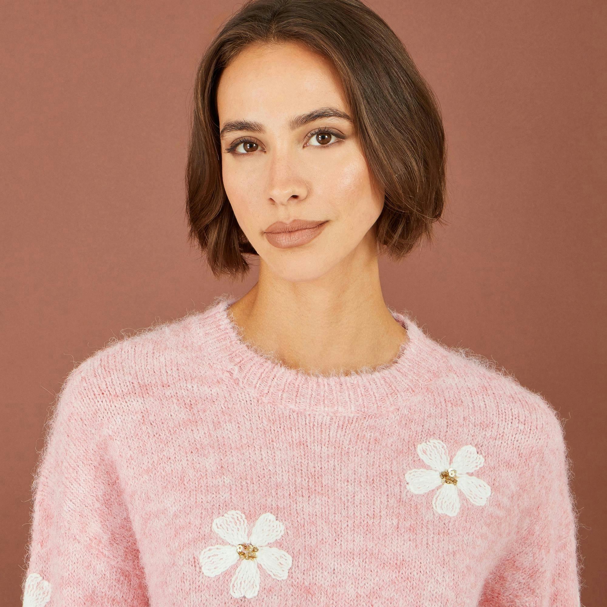 Yumi Pink Relaxed Jumper With Crochet Flowers , view 5 of 5