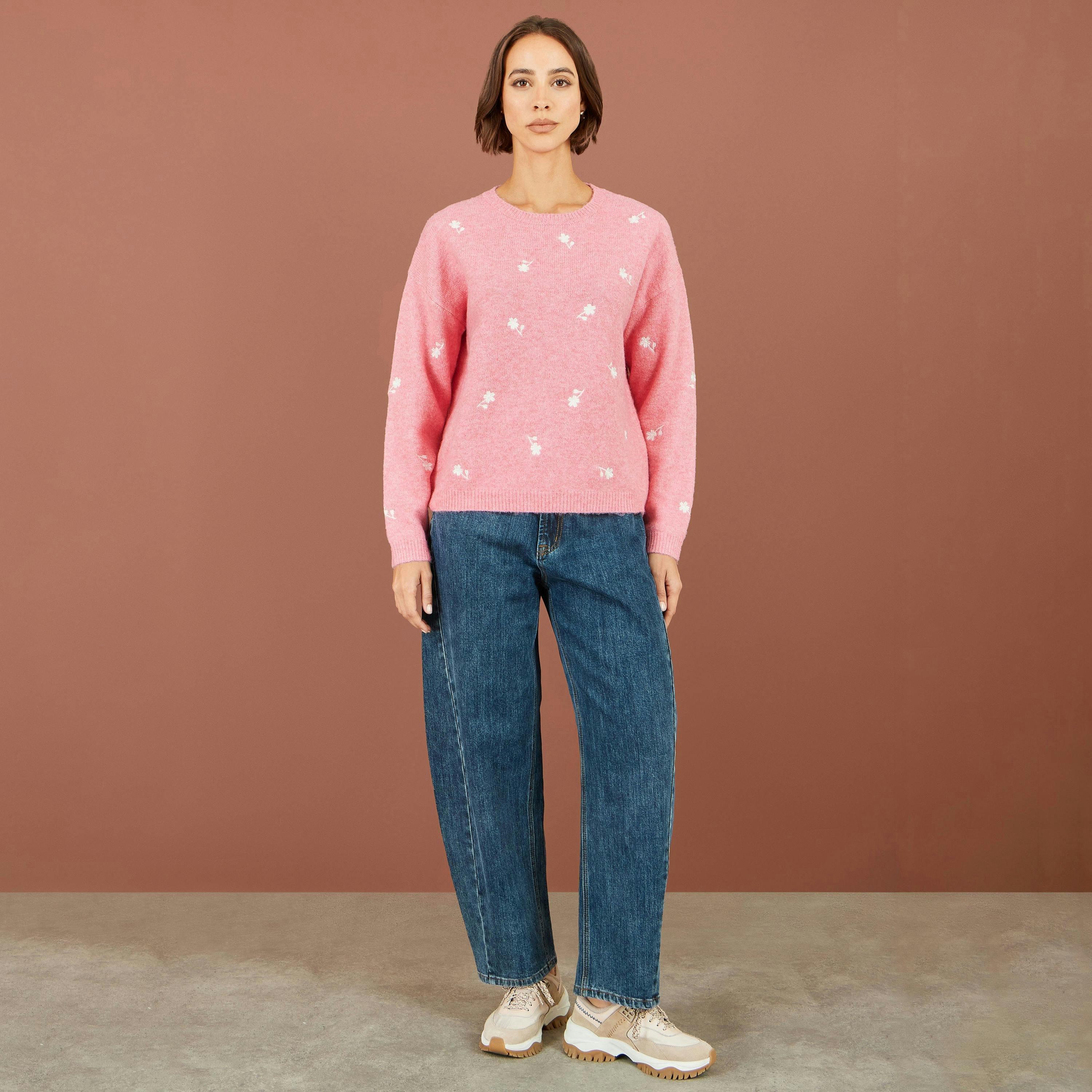 Yumi Pink Daisy Embroidered Relaxed Jumper , view 2 of 5