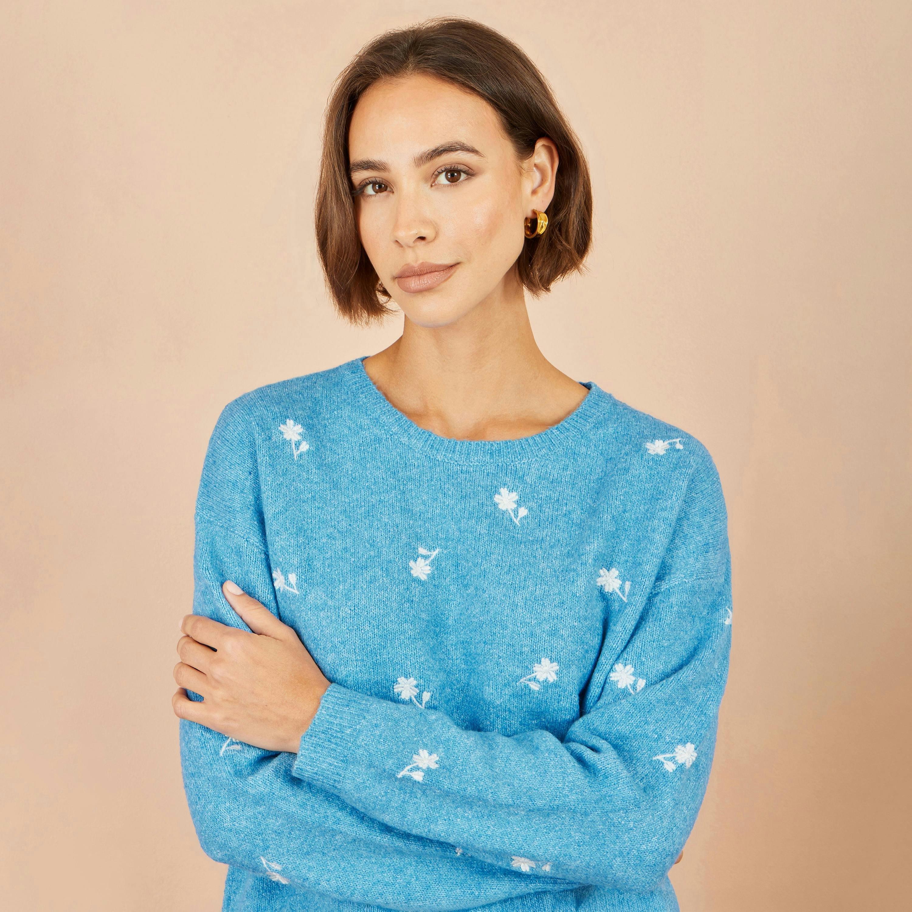 Yumi Blue Daisy Embroidered Relaxed Jumper , view 5 of 5