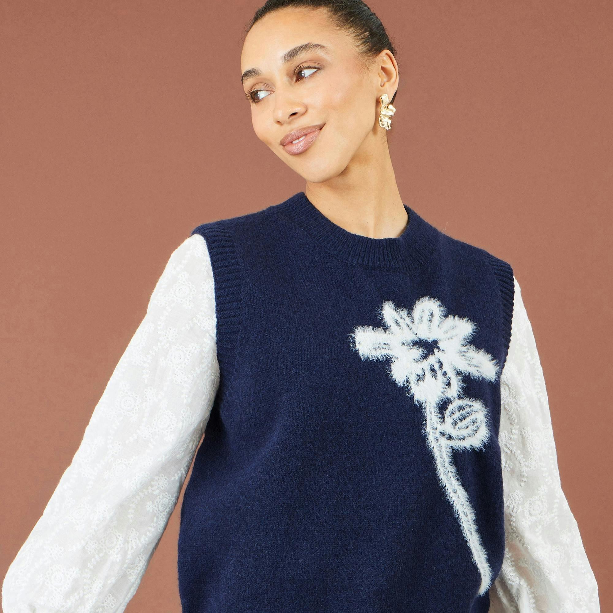 Yumi Navy Knitted Flower Sleeveless Jumper Vest , view 2 of 4