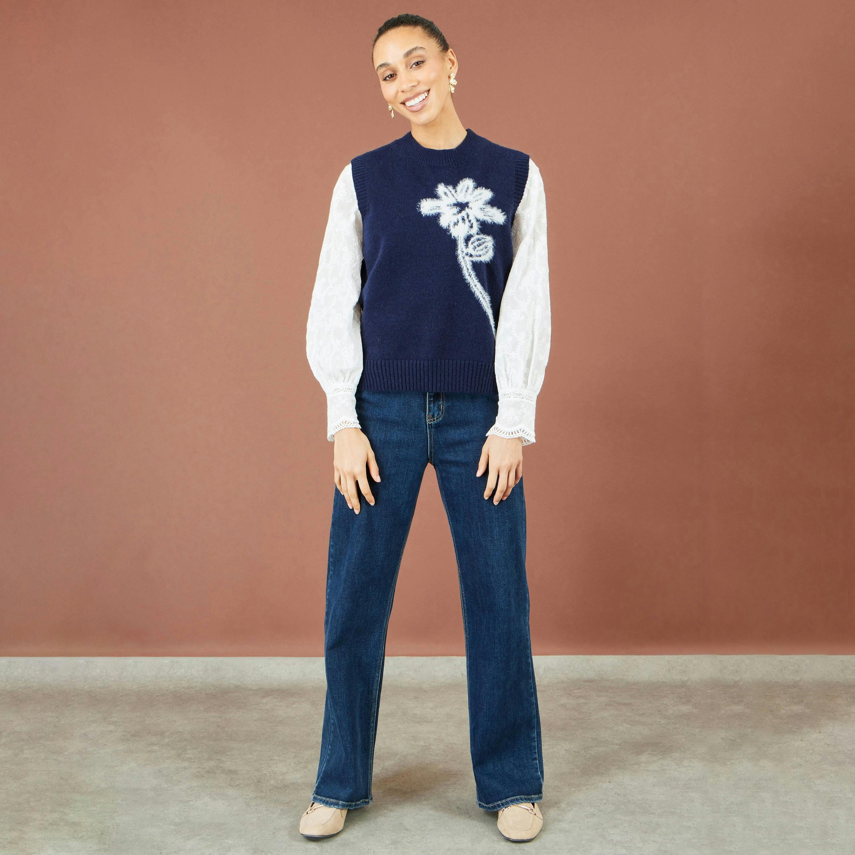 Yumi Navy Knitted Flower Sleeveless Jumper Vest , view 3 of 4