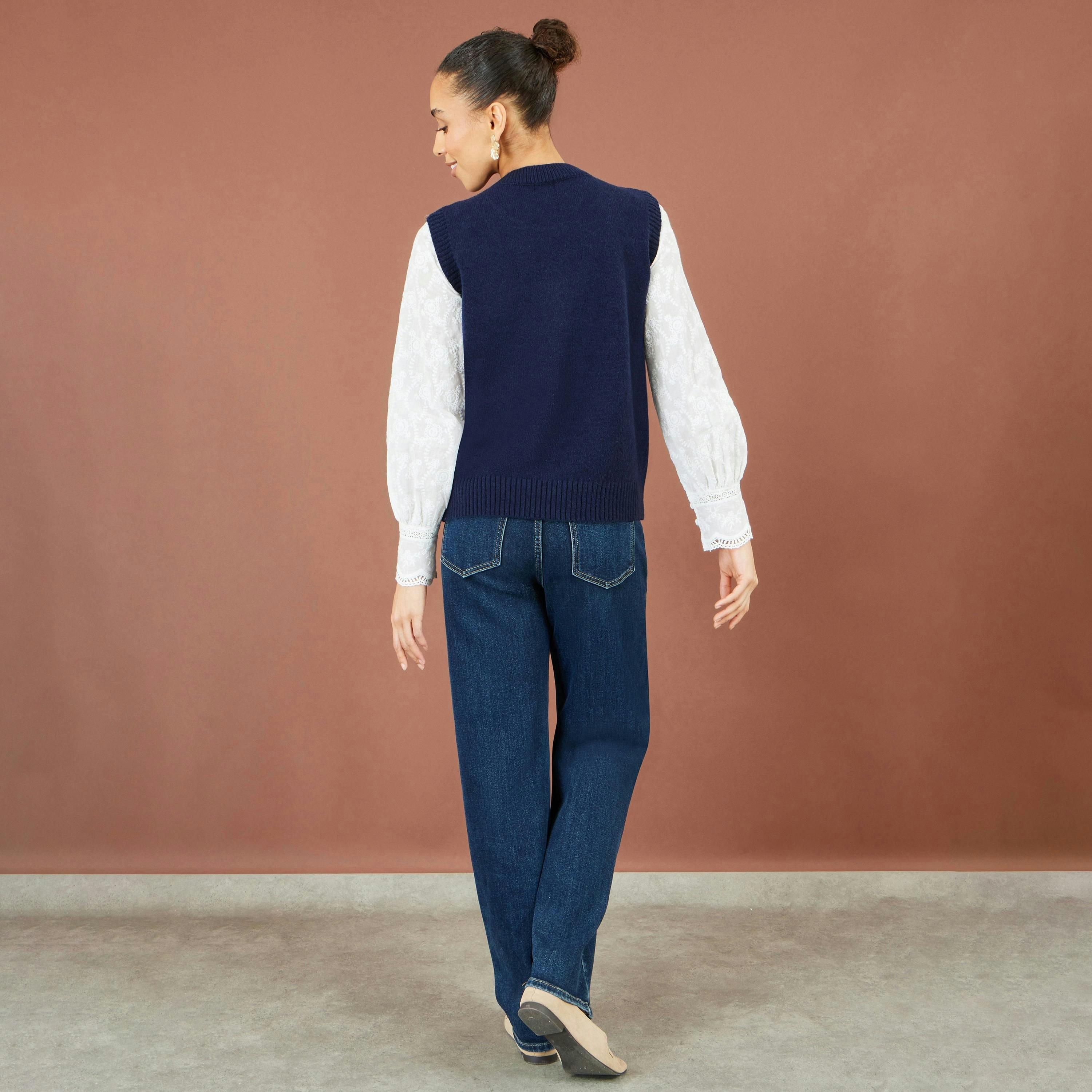 Yumi Navy Knitted Flower Sleeveless Jumper Vest , view 4 of 4