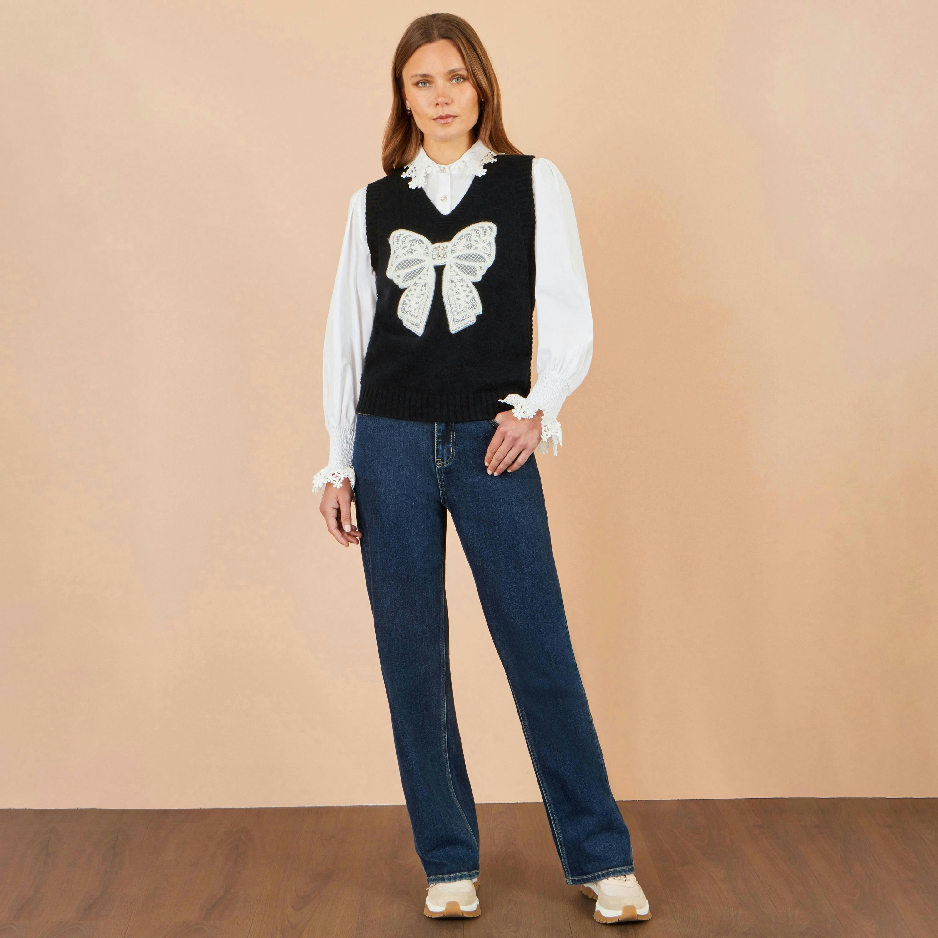 Yumi Black Lace Bow Knitted Pullover , view 2 of 4