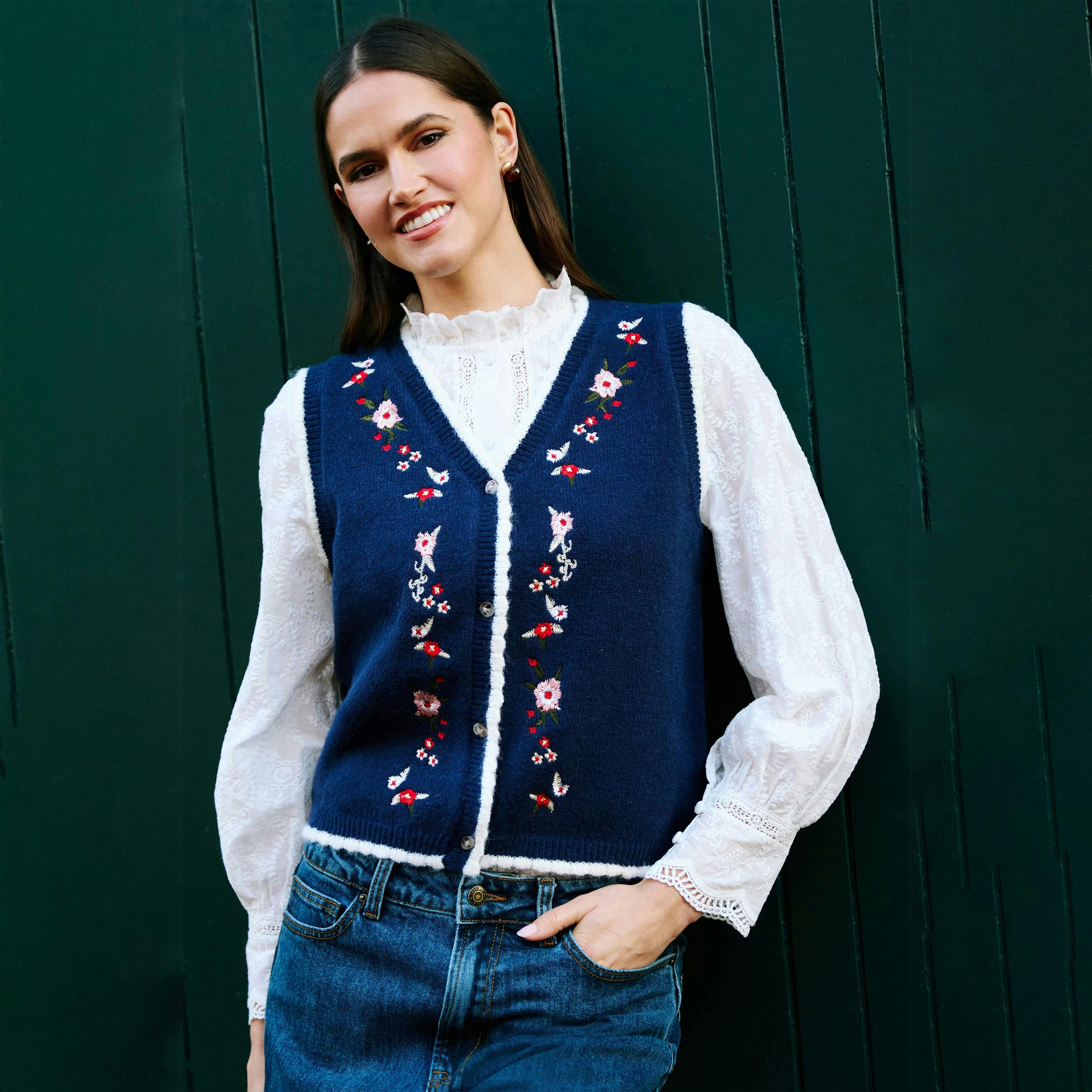 Yumi Navy Embroidered Knitted Waistcoat , view 2 of 6