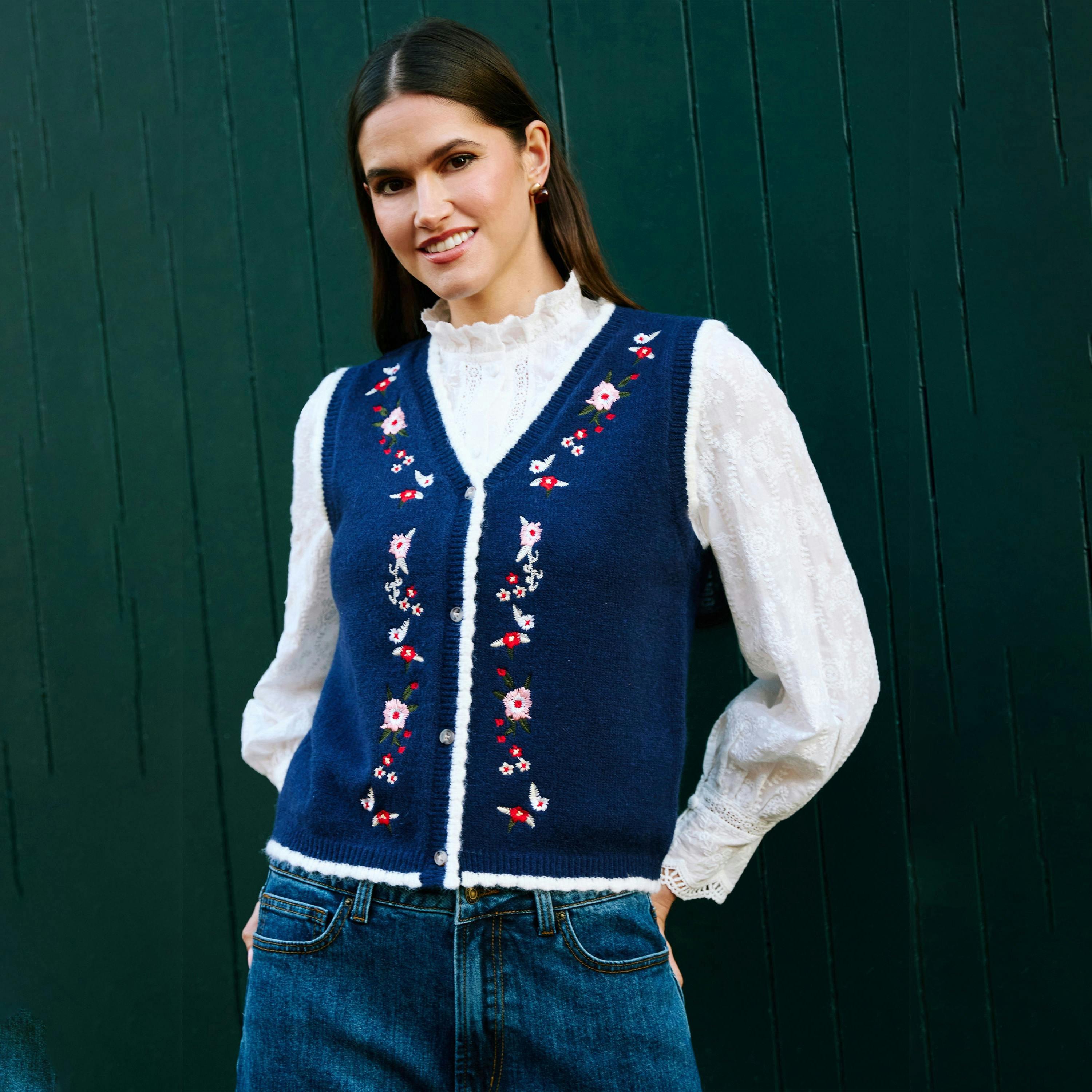 Yumi Navy Embroidered Knitted Waistcoat , view 3 of 6