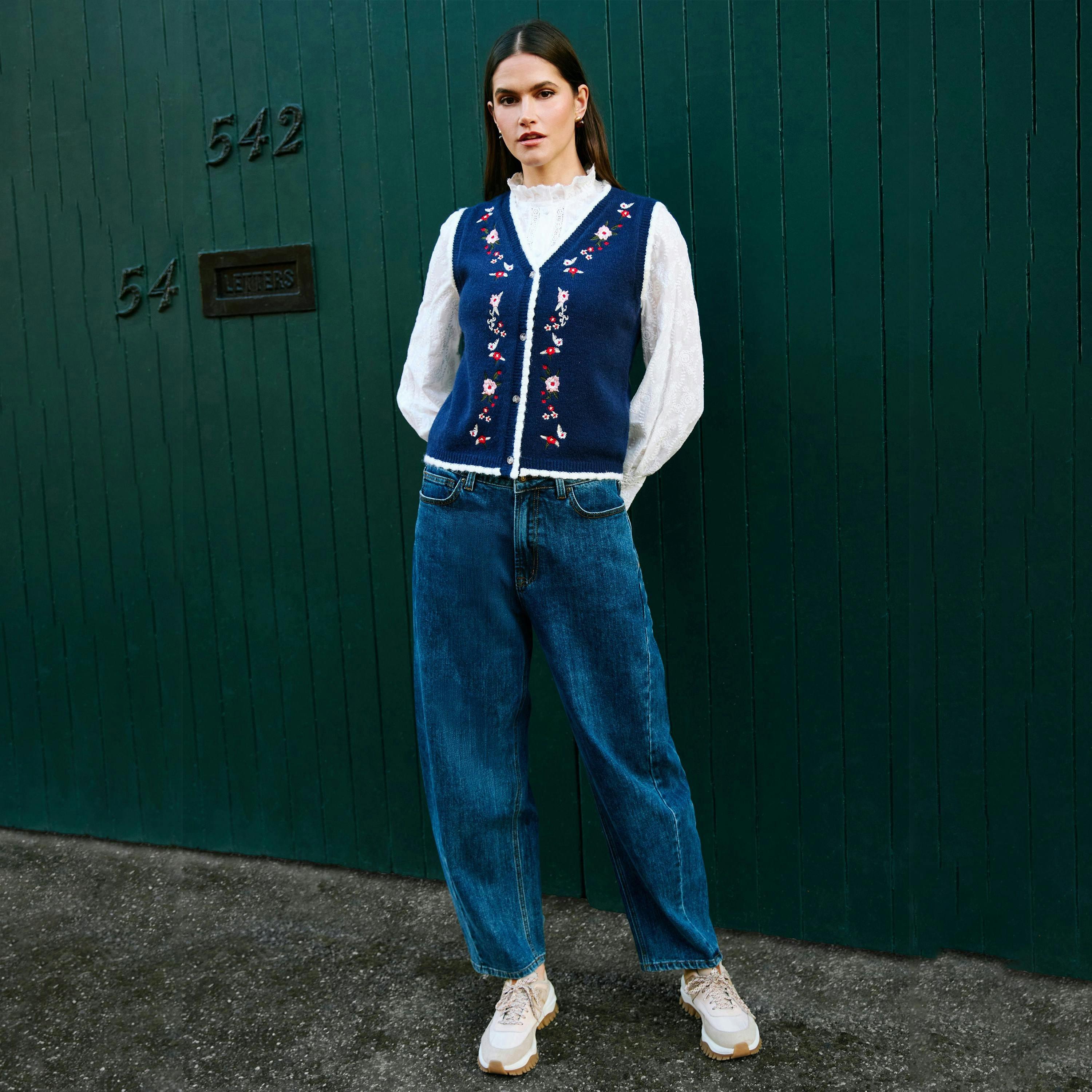 Yumi Navy Embroidered Knitted Waistcoat , view 4 of 6