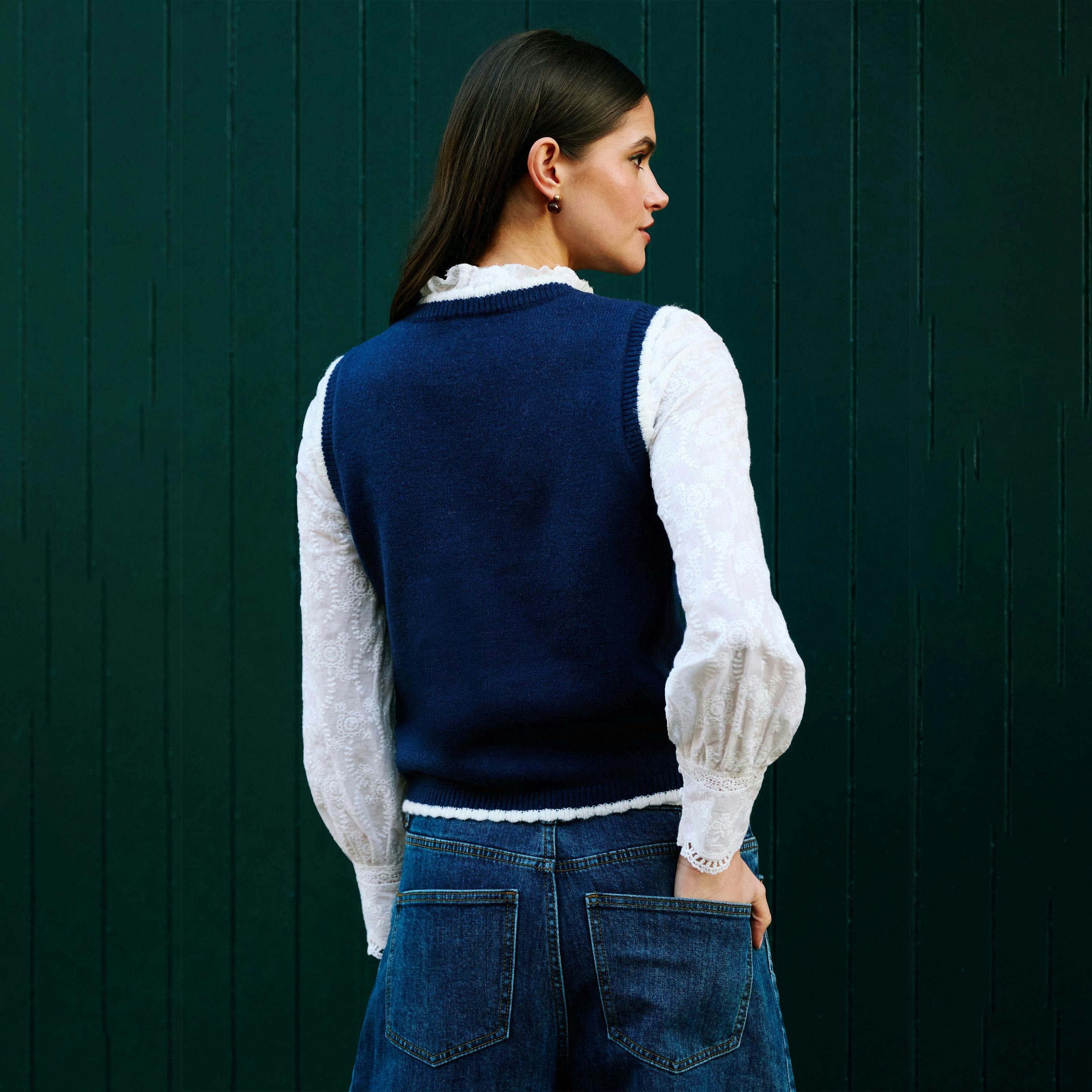 Yumi Navy Embroidered Knitted Waistcoat , view 5 of 6