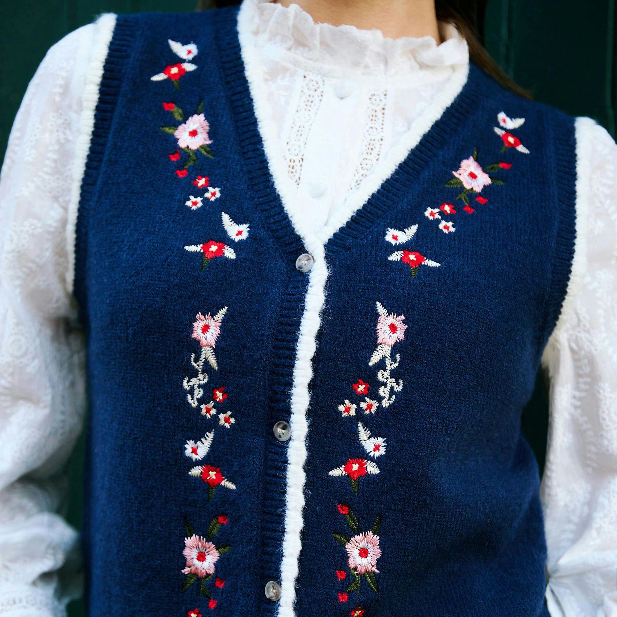 Yumi Navy Embroidered Knitted Waistcoat , view 6 of 6
