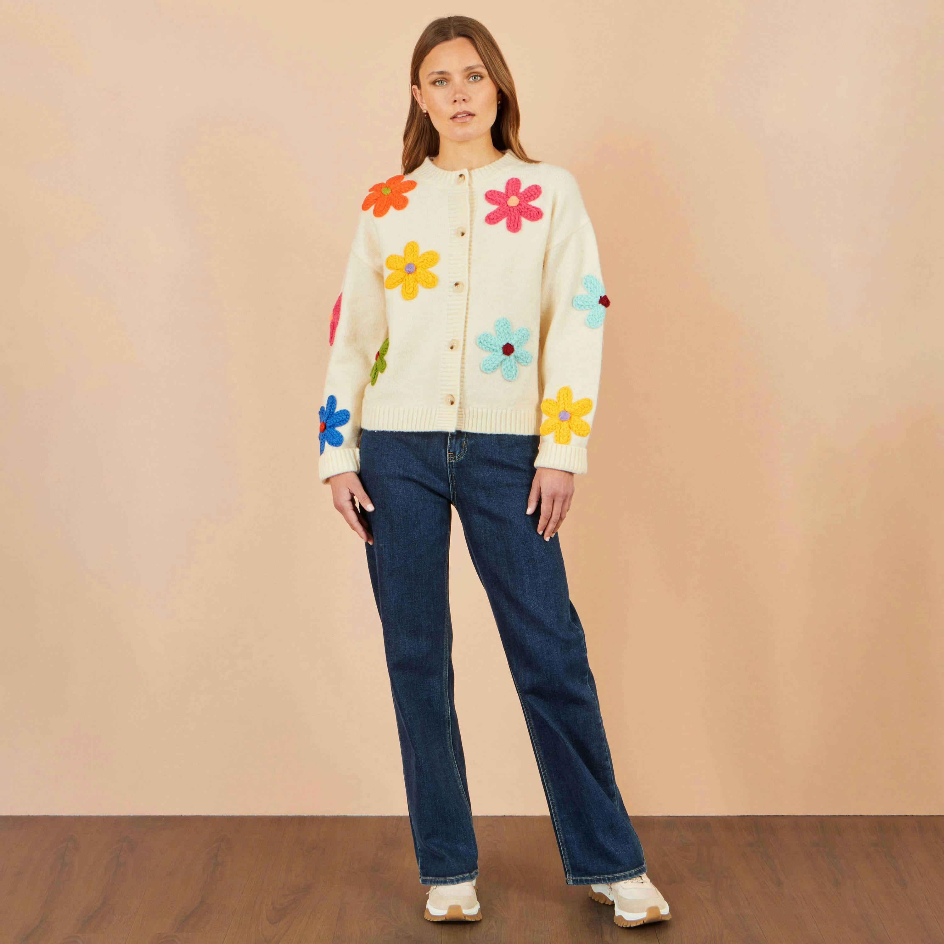 Yumi Ivory Knitted Flower Applique Cardigan , view 2 of 5
