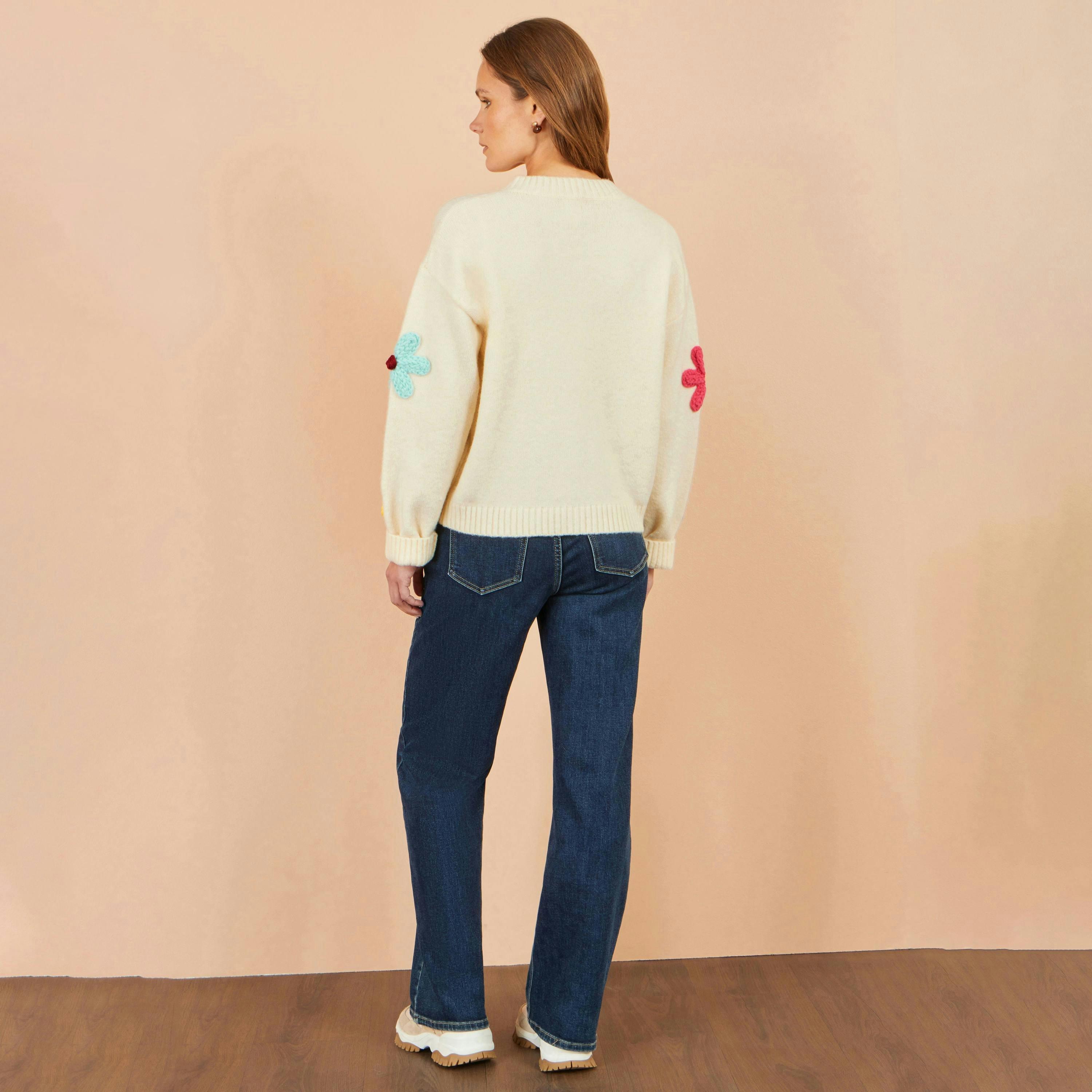 Yumi Ivory Knitted Flower Applique Cardigan , view 3 of 5