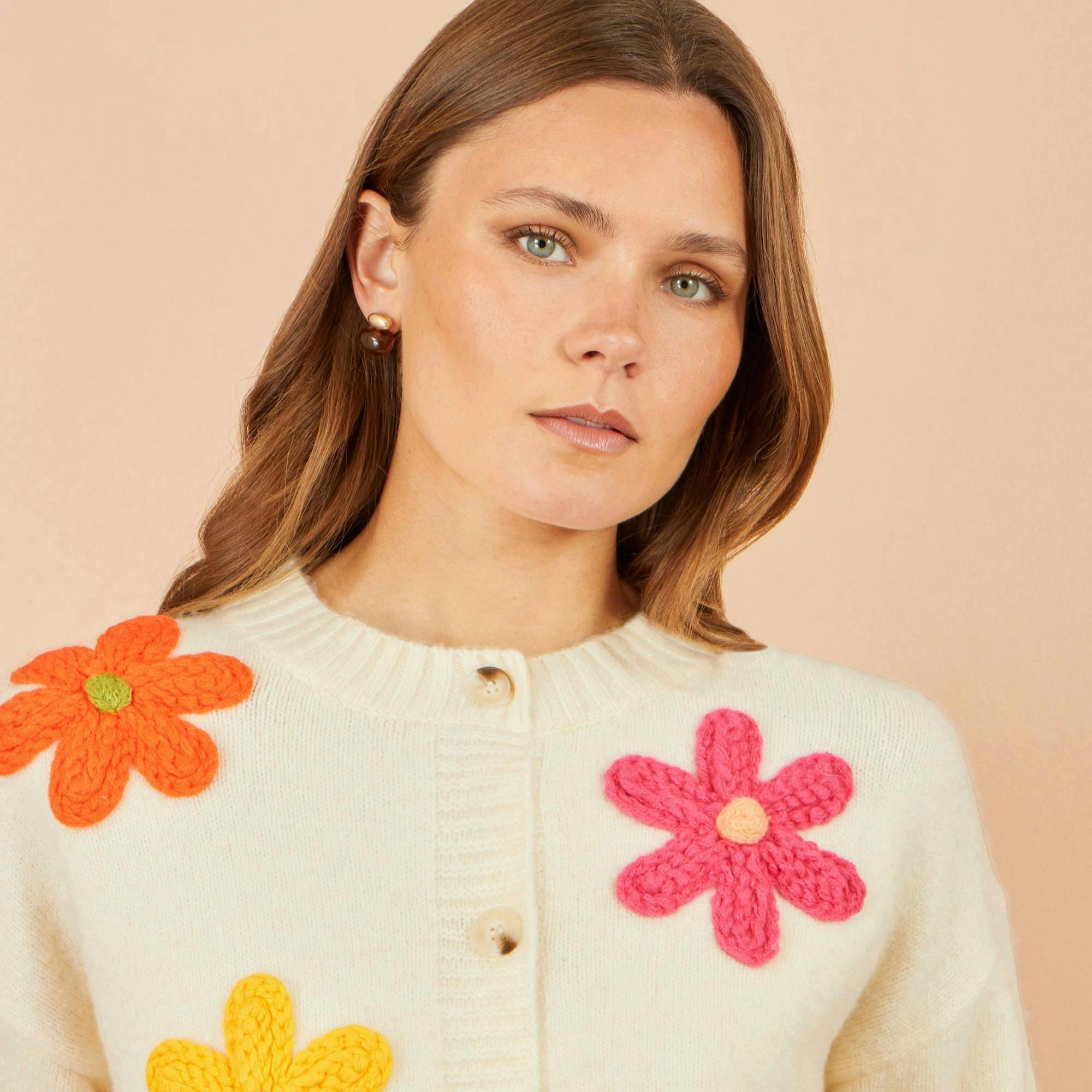Yumi Ivory Knitted Flower Applique Cardigan , view 4 of 5
