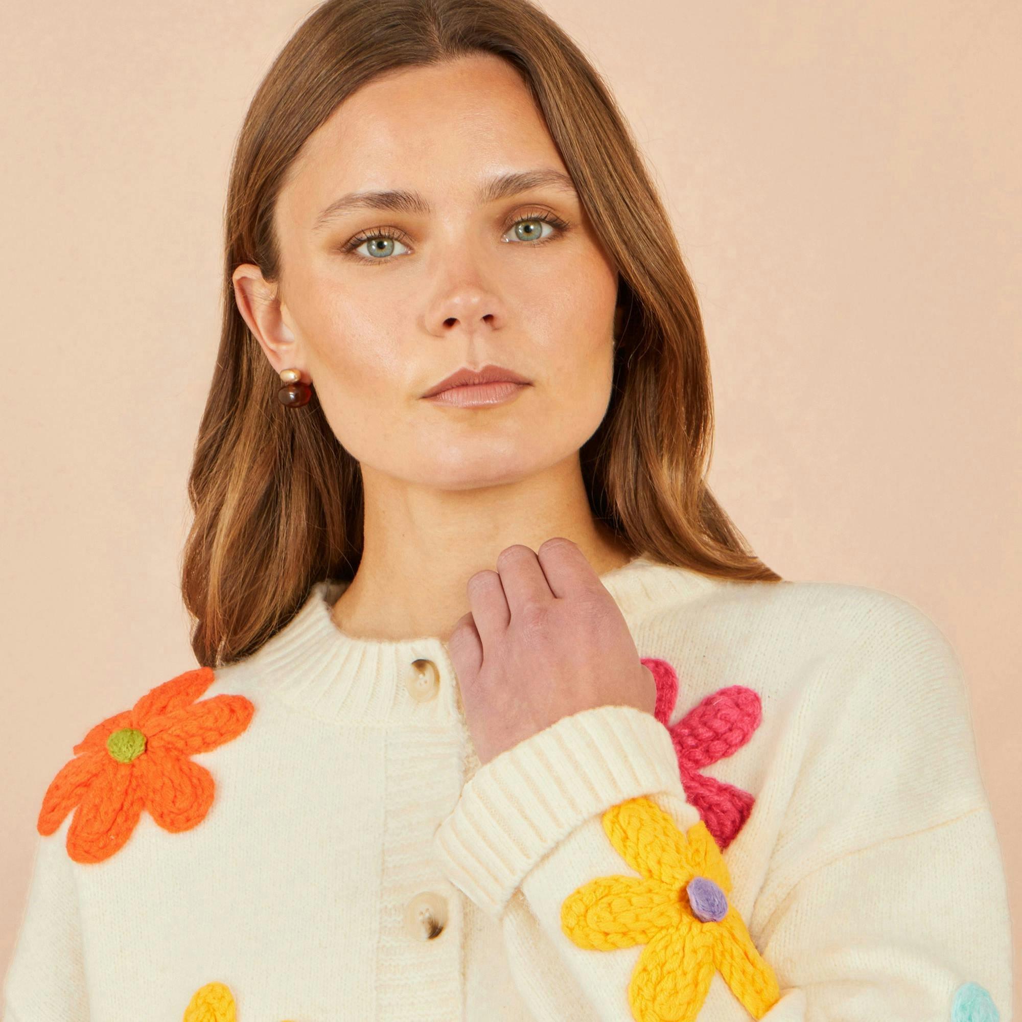 Yumi Ivory Knitted Flower Applique Cardigan , view 5 of 5
