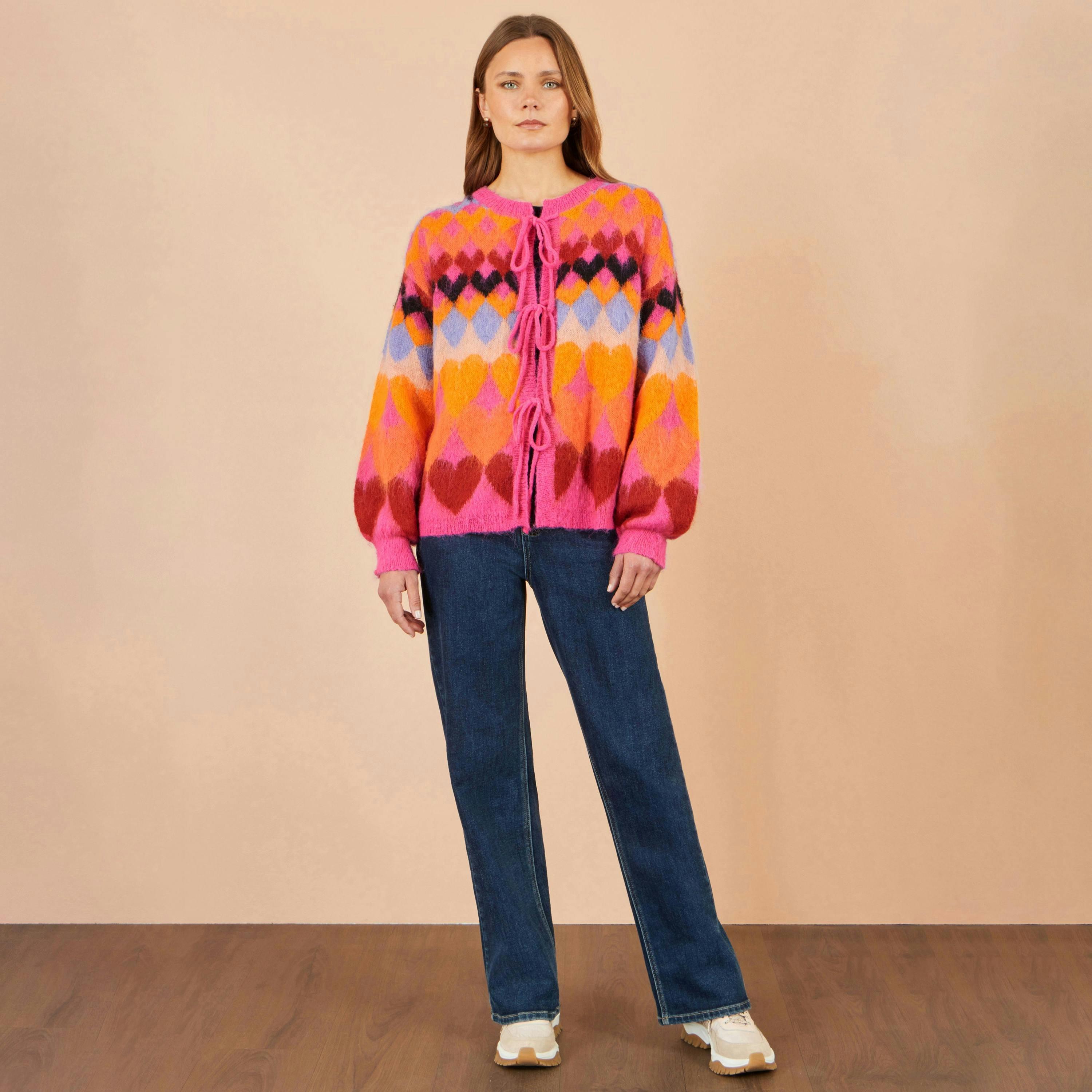 Yumi Pink Tie Front Heart Intarsia Cardigan , view 2 of 4