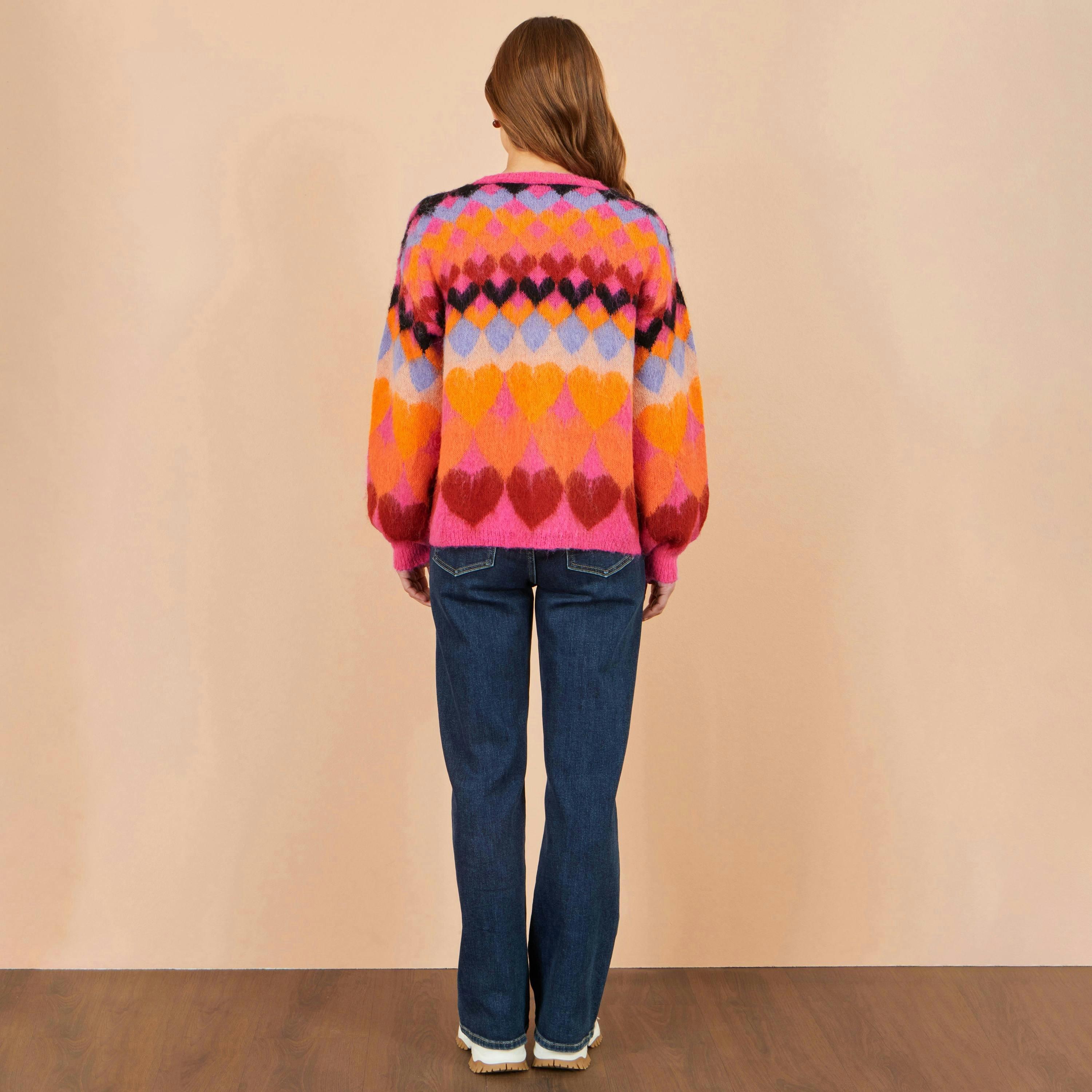 Yumi Pink Tie Front Heart Intarsia Cardigan , view 3 of 4