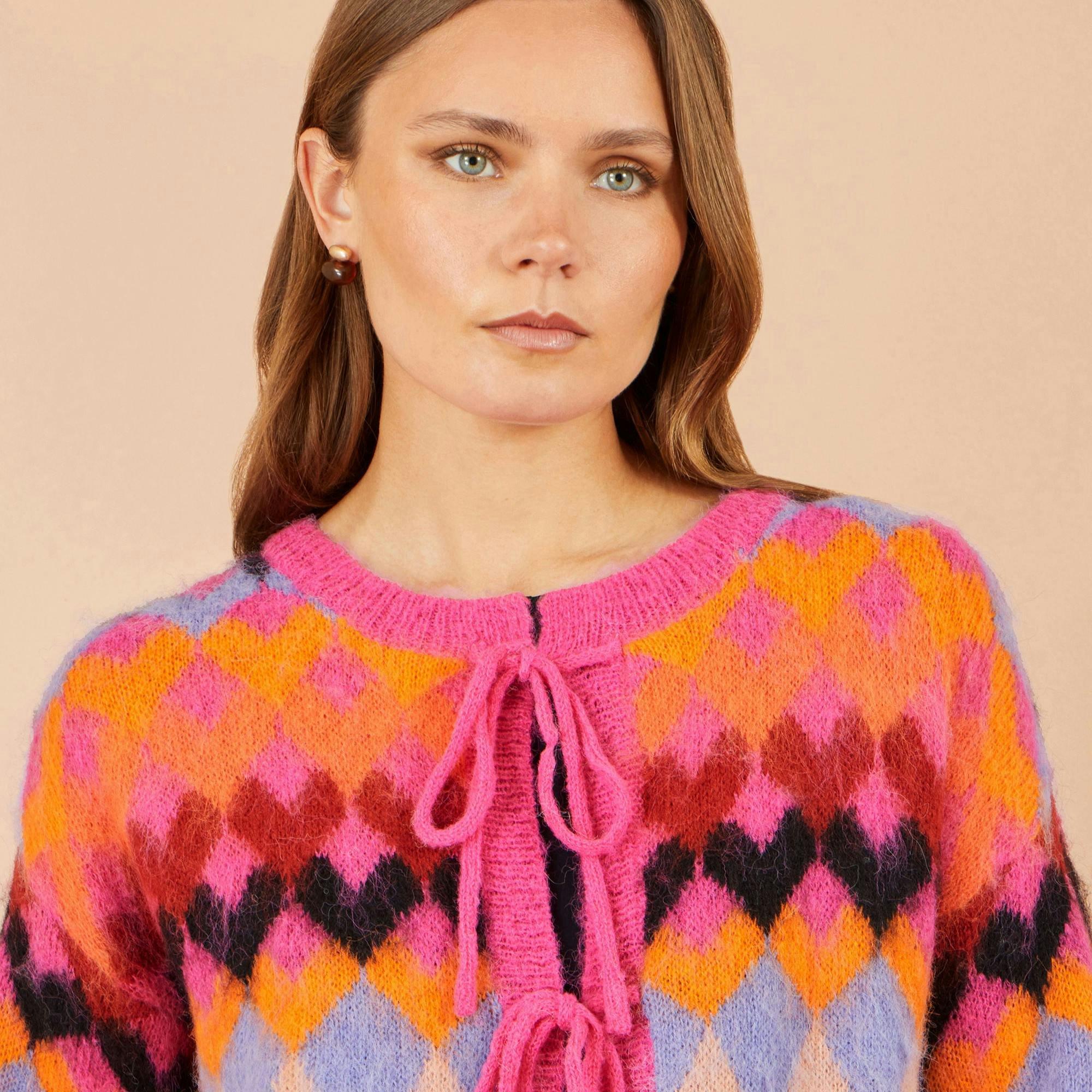 Yumi Pink Tie Front Heart Intarsia Cardigan , view 4 of 4