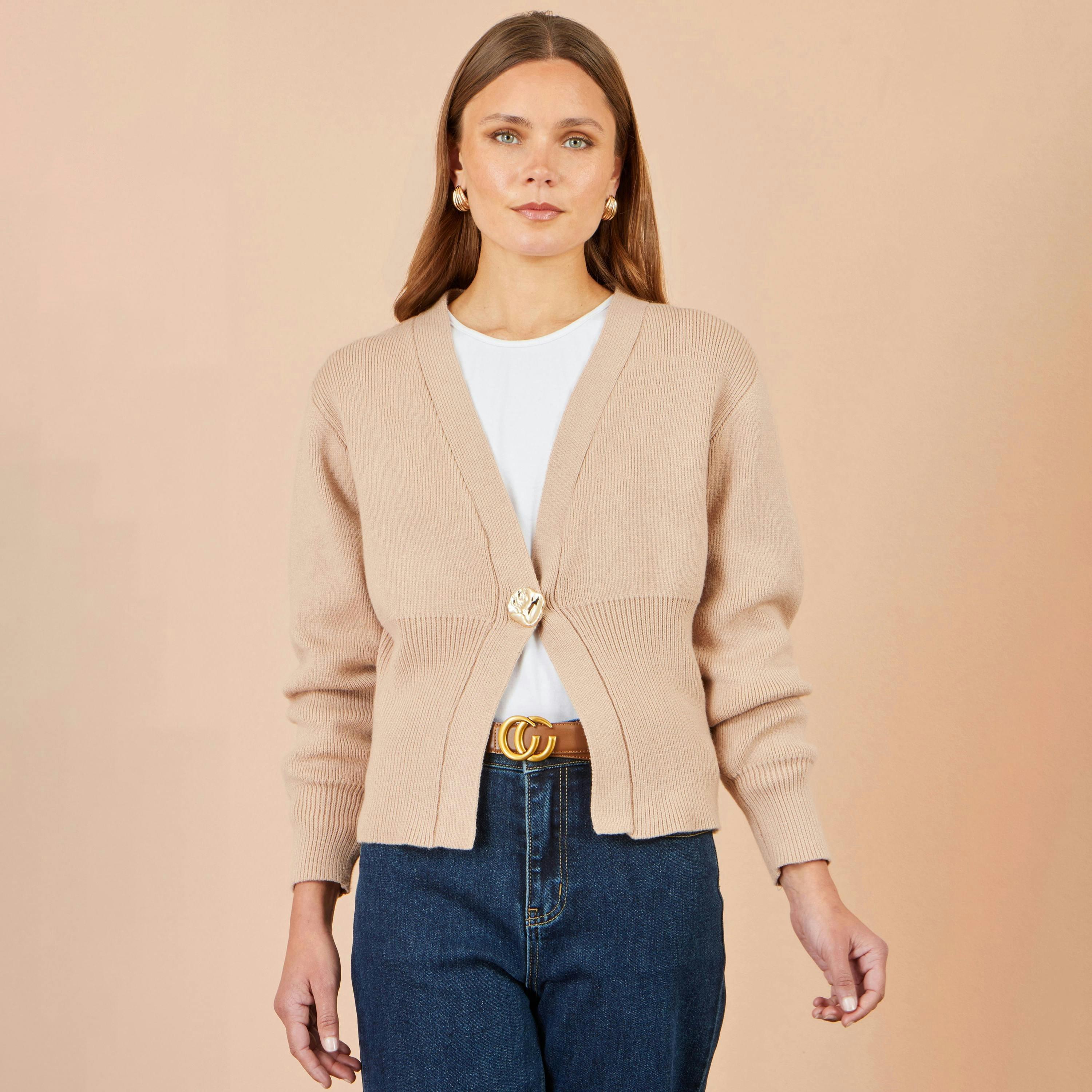 Yumi Beige Knitted Button Cardigan , view 3 of 4