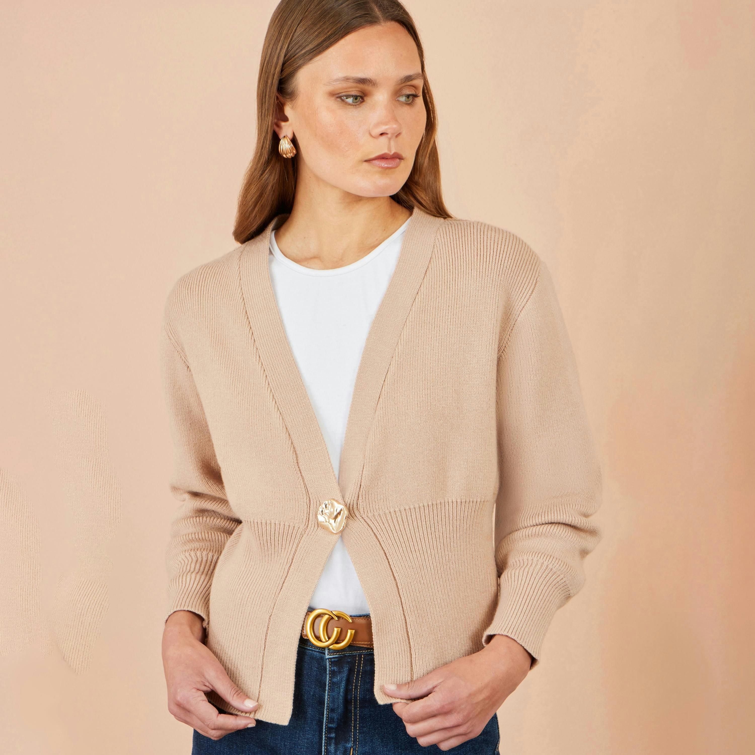 Yumi Beige Knitted Button Cardigan , view 4 of 4