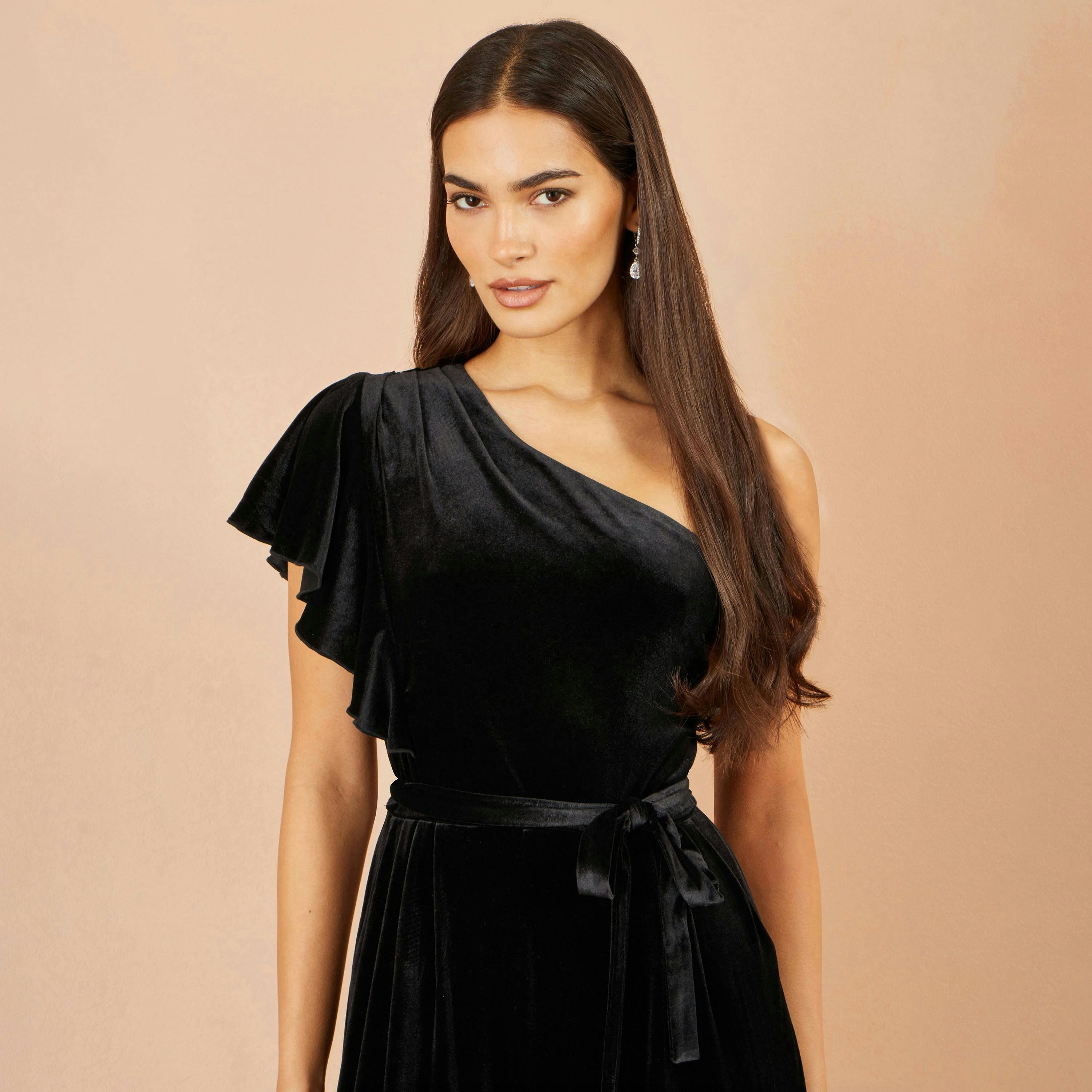 Yumi Black One Shoulder Velvet Jumpsuit , view 3 of 4