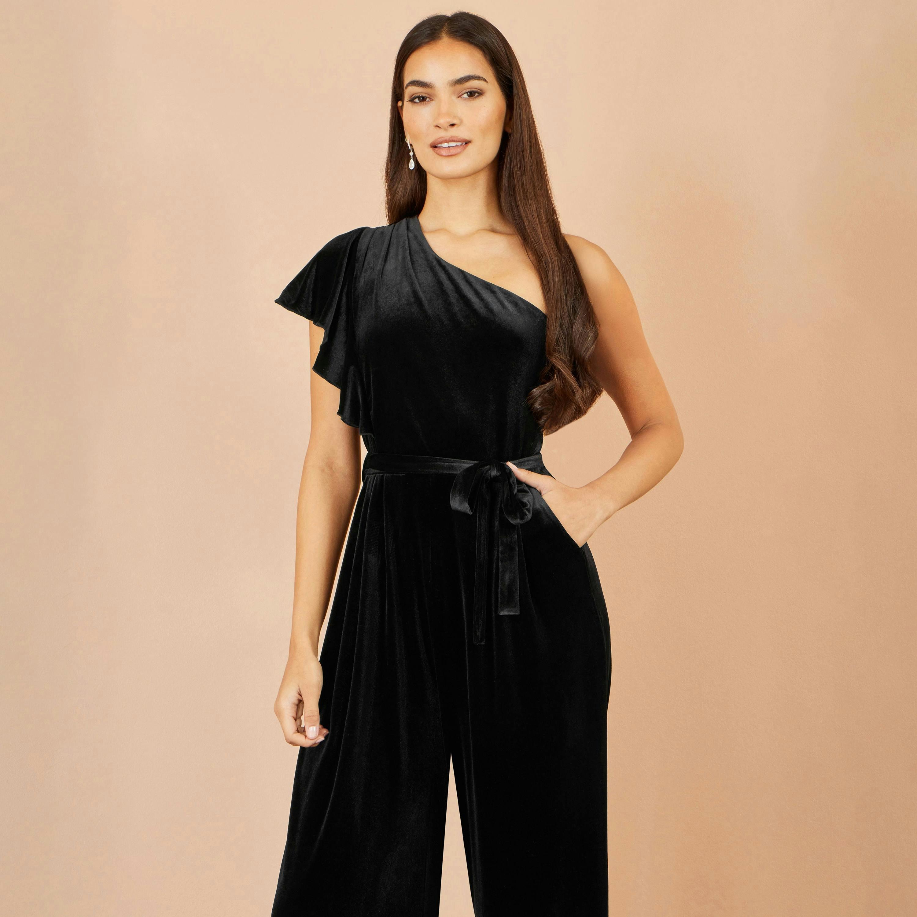 Yumi Black One Shoulder Velvet Jumpsuit , view 4 of 4